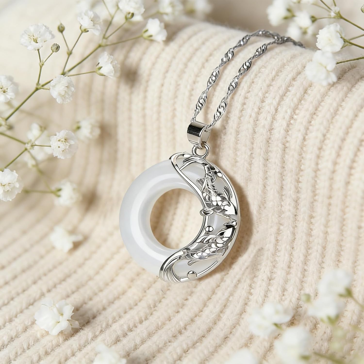 Mothers Day Gifts White Jade Necklace for Women, Koi Fish Circle Jade Pendant Necklace Harmony Good Fortune Pendant Healing Jewelry for Mom Wife
