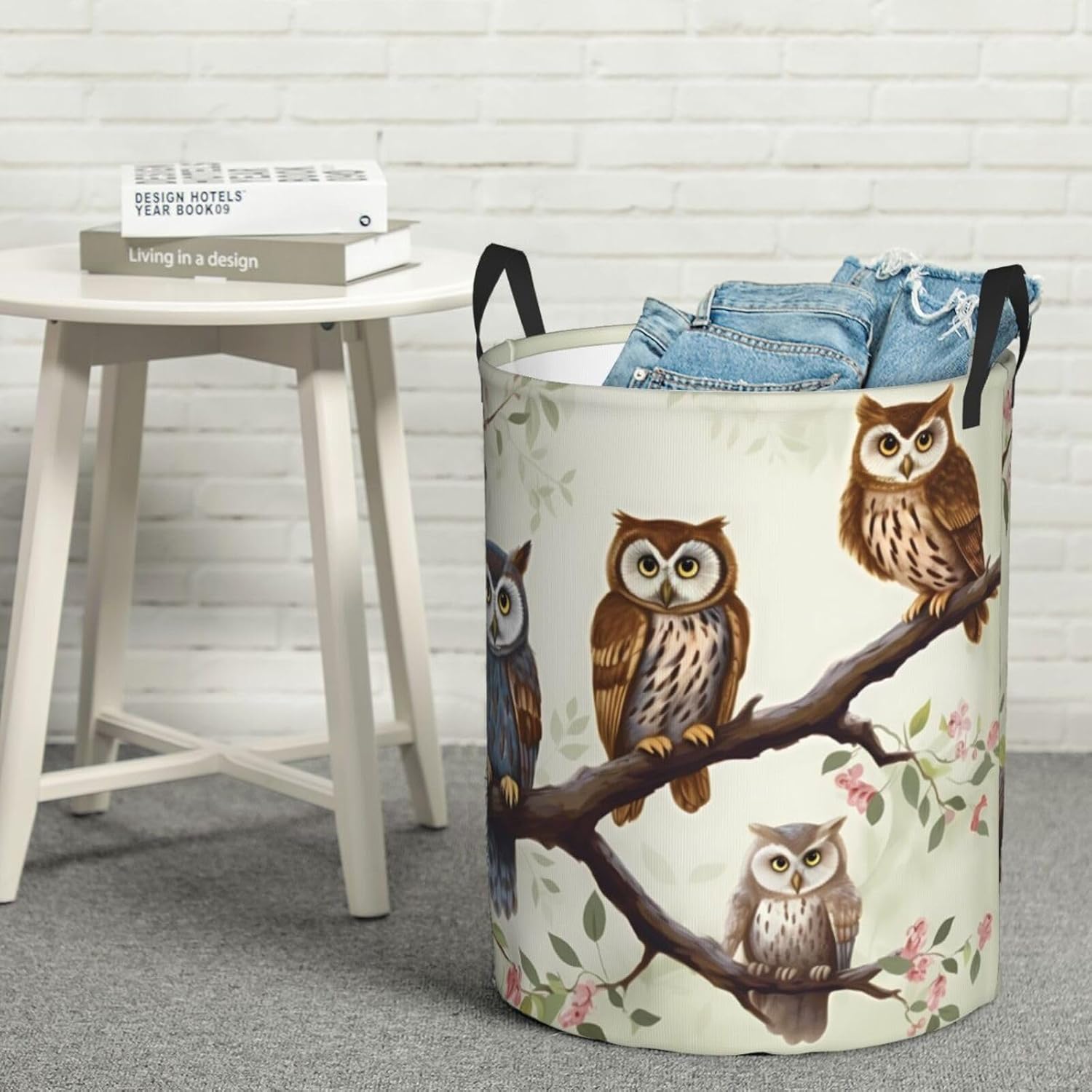 Owls on a branch print Circular Hamper Waterproof Storage Bin Organizer Basket Laundry Hamper With Handles For Clothes Toys Medium
