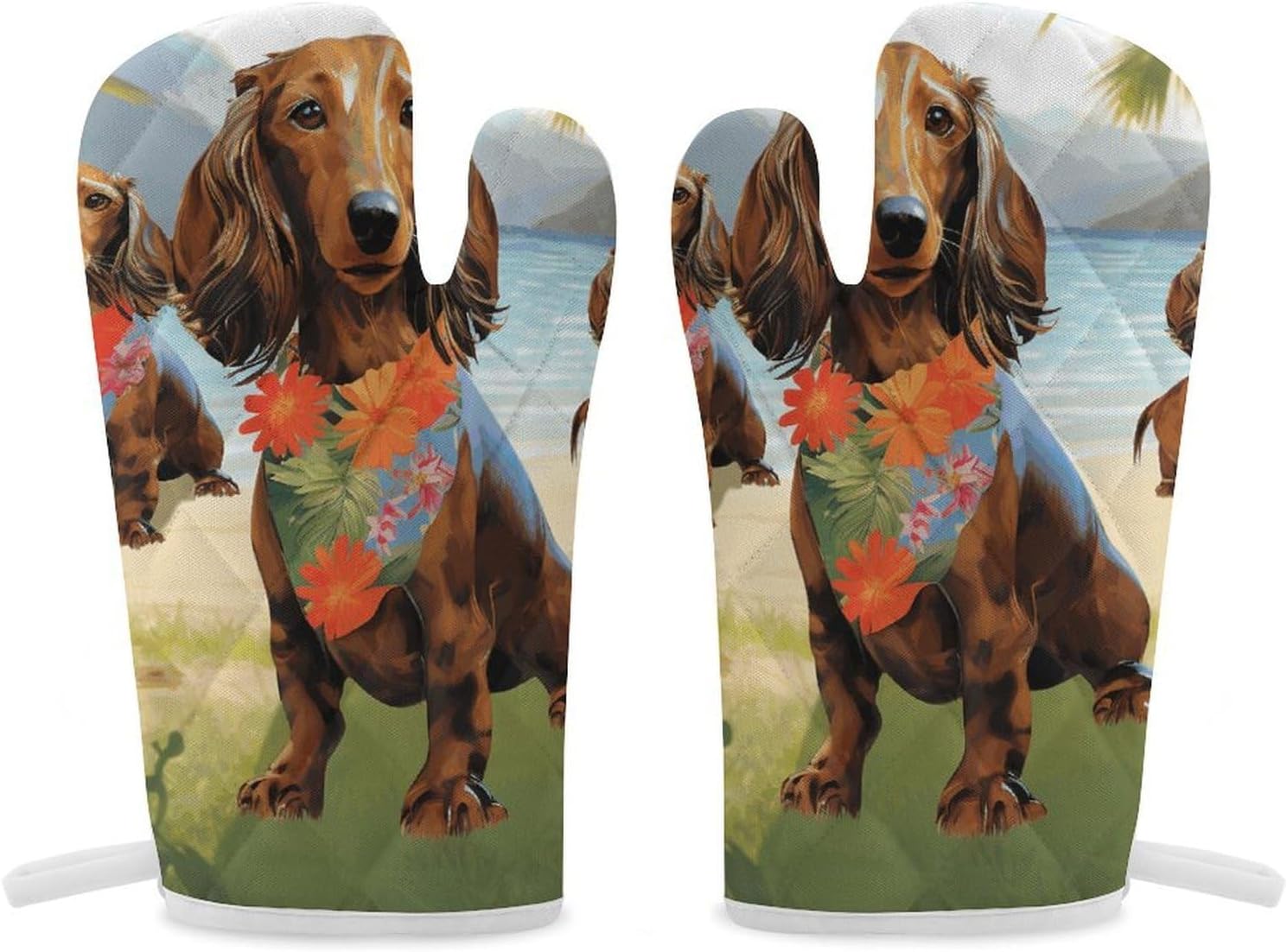 2 Pcs Oven Mitts Heat Resistant Kitchen Gloves Soft Safety Dachshund Tropical Painting Art Oven Glove for Microwave, Barbecue