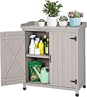 Vista 9 de Banco para macetas al aire libre con parte superior de metal – Gabinete de almacenamiento de jardín impermeable, estación de herramientas de madera