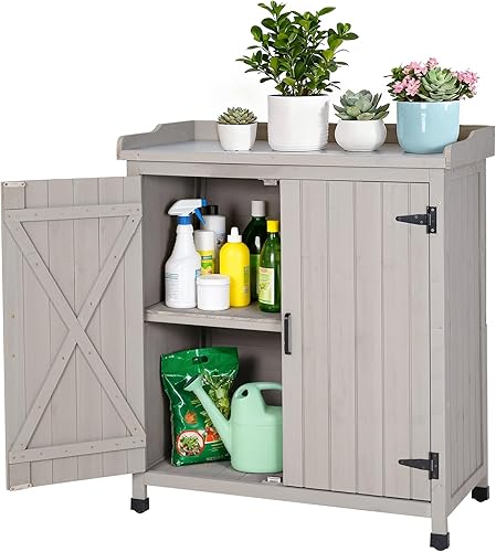 Miniatura 9 de Banco para macetas al aire libre con parte superior de trabajo de metal, gabinete de almacenamiento de jardín impermeable, estación de herramientas