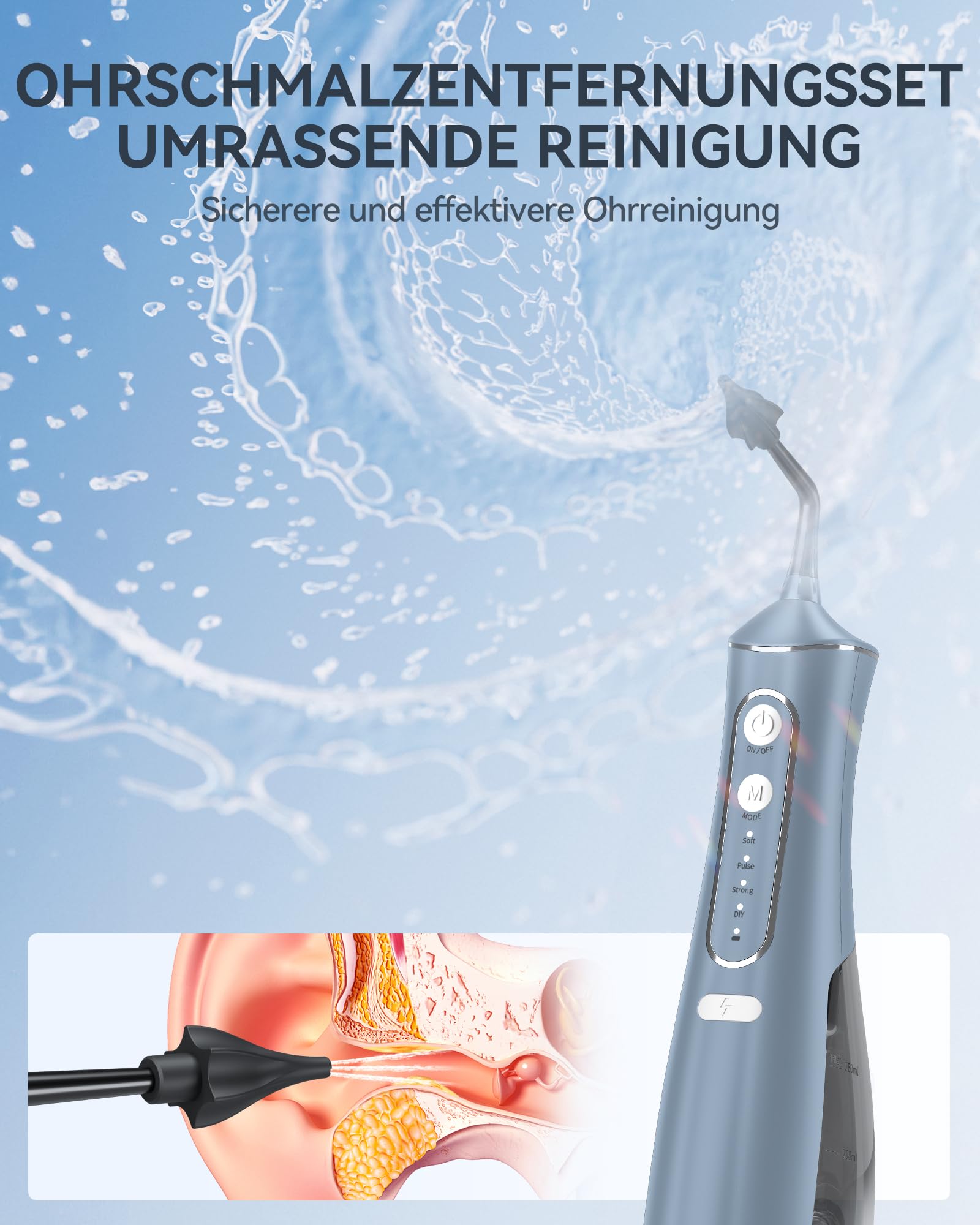 Ohrenschmalz Entfernung Kit - Wasserstrahl für Zuhause & Reisen – IPX7 wasserdicht,4 Modi inkl. DIY‑Druckregelung, Set mit4 Aufsätzen