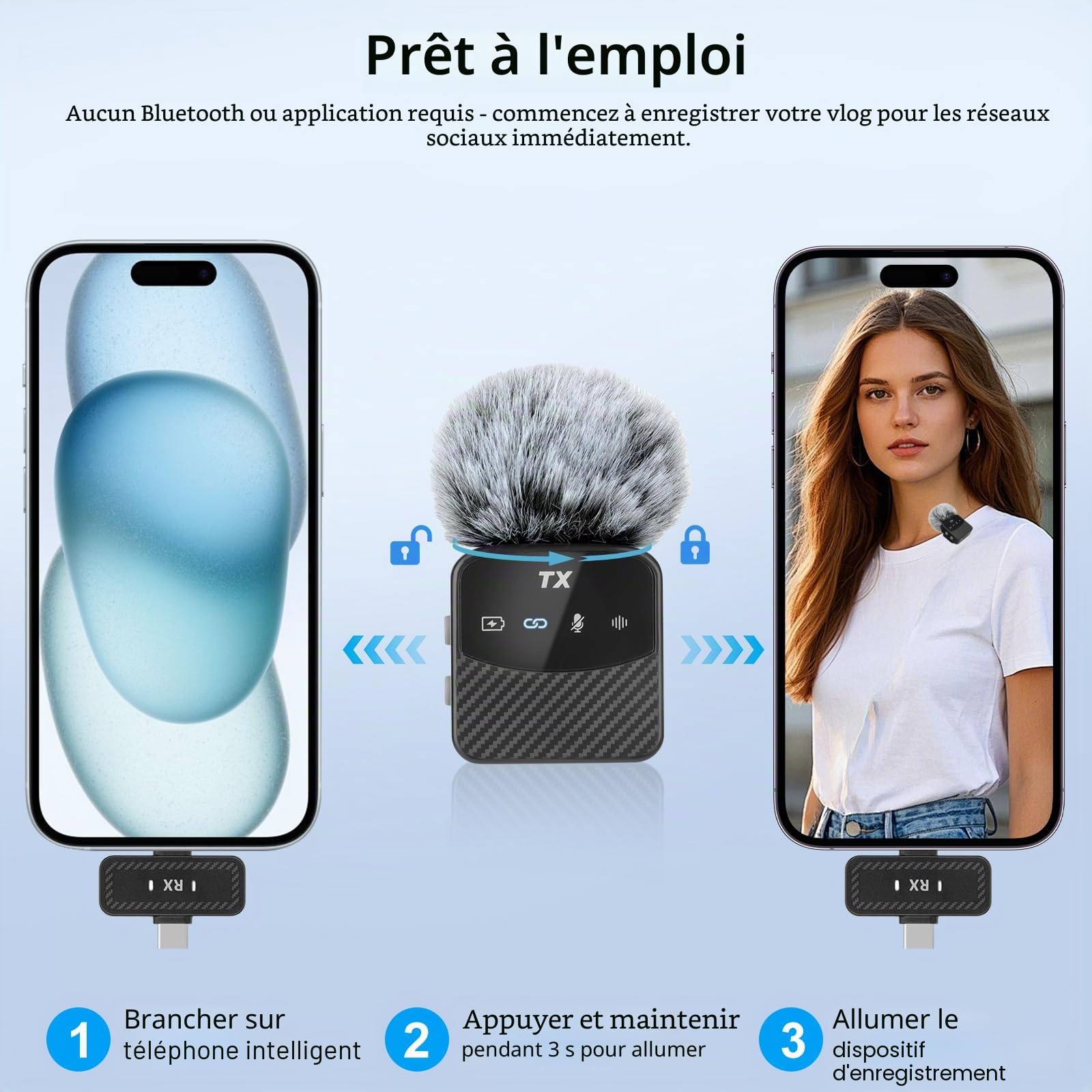 Mini micro Lavalier pour iPhone/iPad/Android, mini microphone Plug-Play, réduction du bruit, durée d'utilisation de 25 heures, microphone sans fil Lavalier pour vidéos, Vlog, YouTube, TikTok, flux en