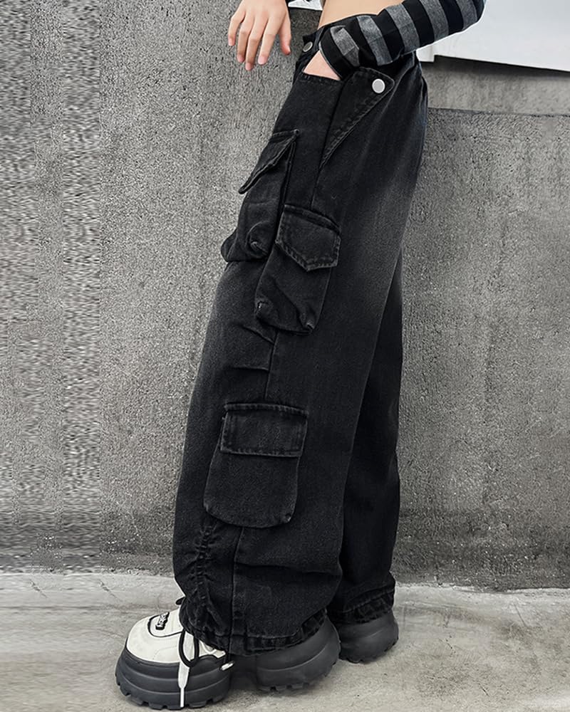 AOWKULAE Mädchen-Jeans, Cargohose, weites Bein, hoher elastischer Bund, gerade Denim-Hose mit Taschen, 5–14 Jahre