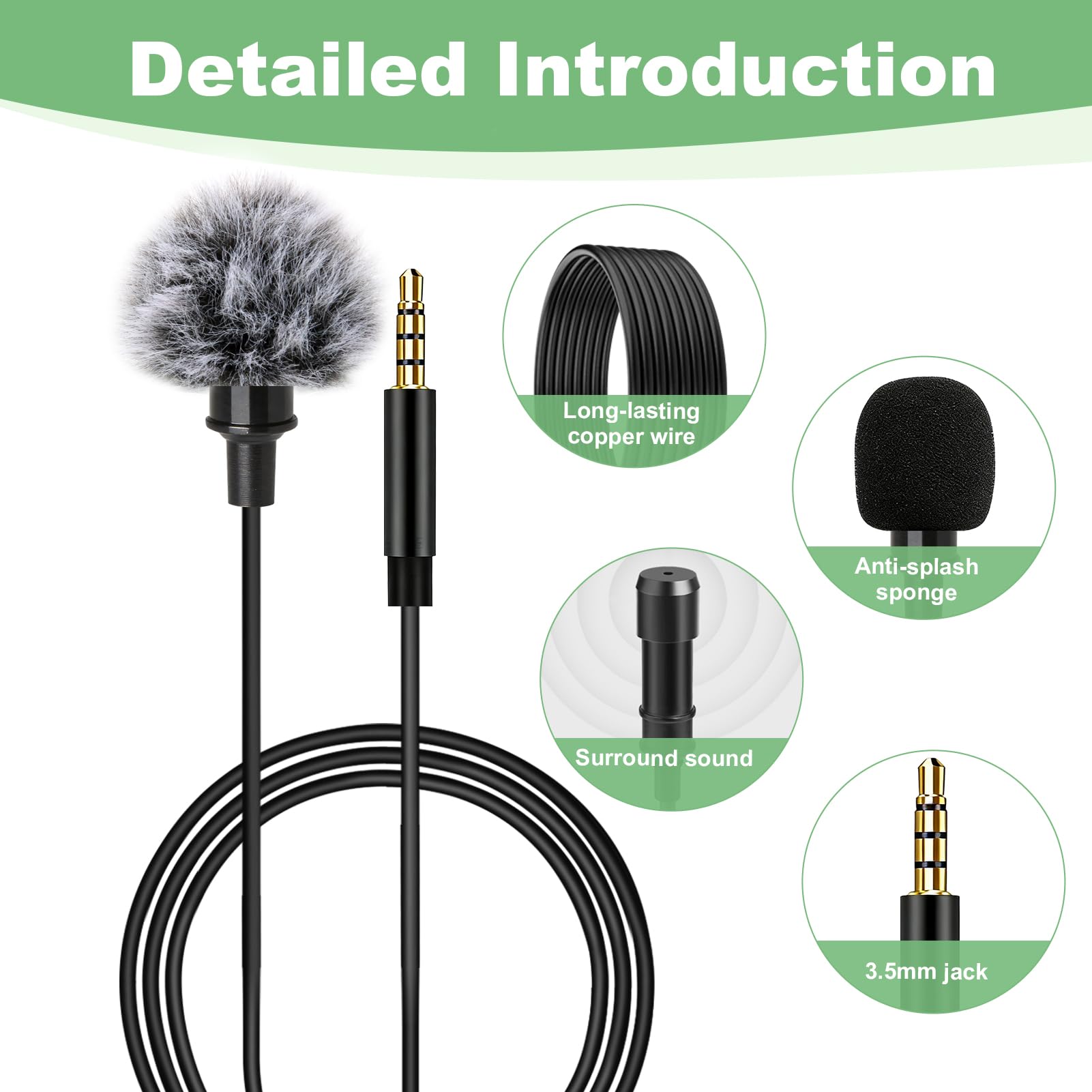 Micrófono de Solapa Omnidireccional lavalier Micrófono con 2M Cable Parabrisas Type-C Adaptadores, 3.5mm Audio Cables para Grabación Entrevista Videoconferencia Podcast Dicción de Voz Phone