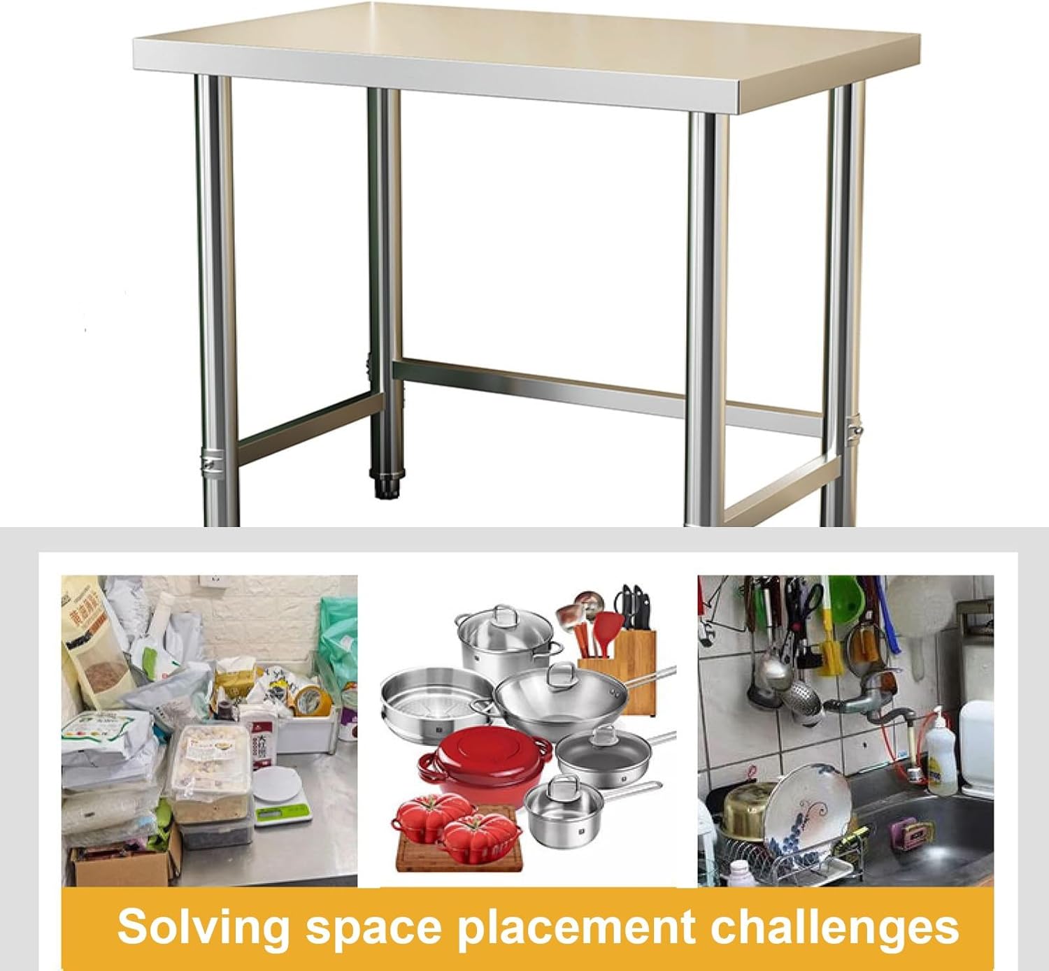 Single-tier Stainless Steel Workbench Kitchen Tabletops Open Shelves Commercial Prep Tables Multifunctional Metal Tables Solid Construction with Adjustable Feet