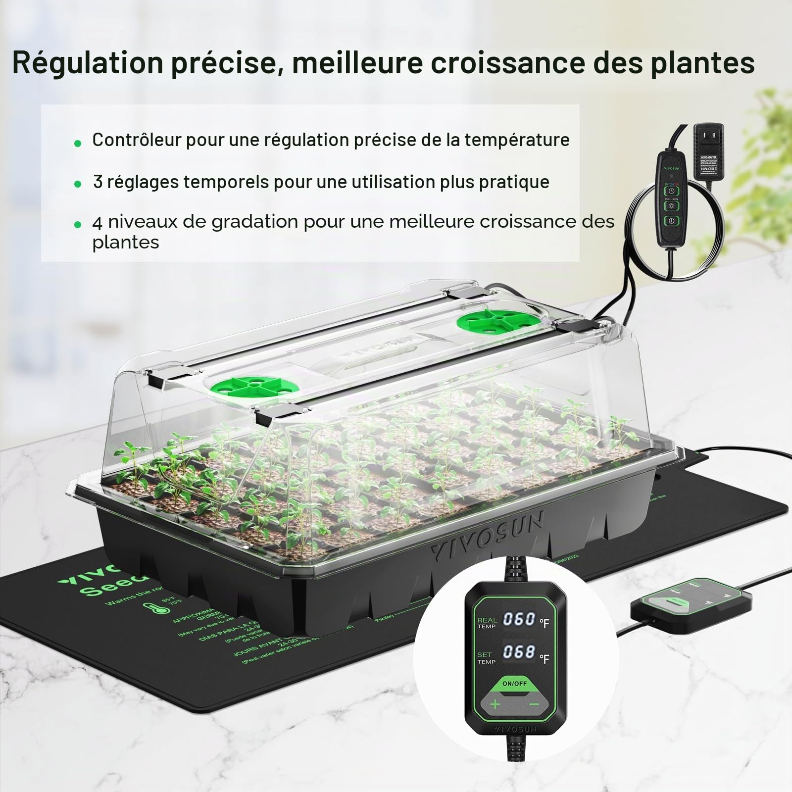 VIVOSUN 1 Plateau de démarrage de graines à 40 cellules avec 1 Jeu de lumières LED et Tapis Chauffant de semis de 25,4 x 52,7 cm, Housse Plus Haute de 9,1 cm, aérations réglables, Trous de Drainage,