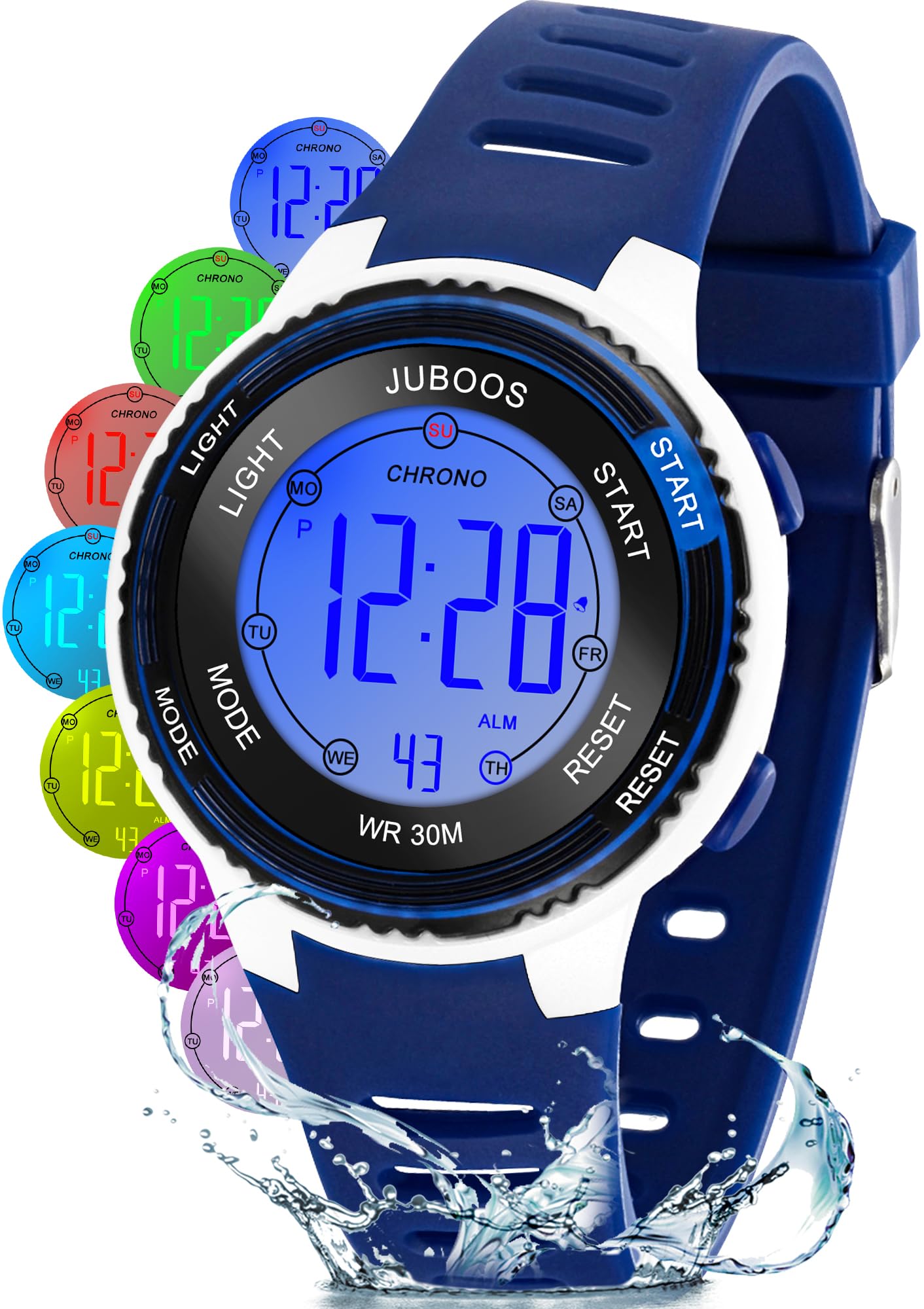 Juboos Reloj Digital Deportivo para Niños,7 Colores con Luz led,Resistente al Agua, con Alarma,Cronómetro,Reloj de Pulsera para Niños y Niñas de 5 a 18 Años