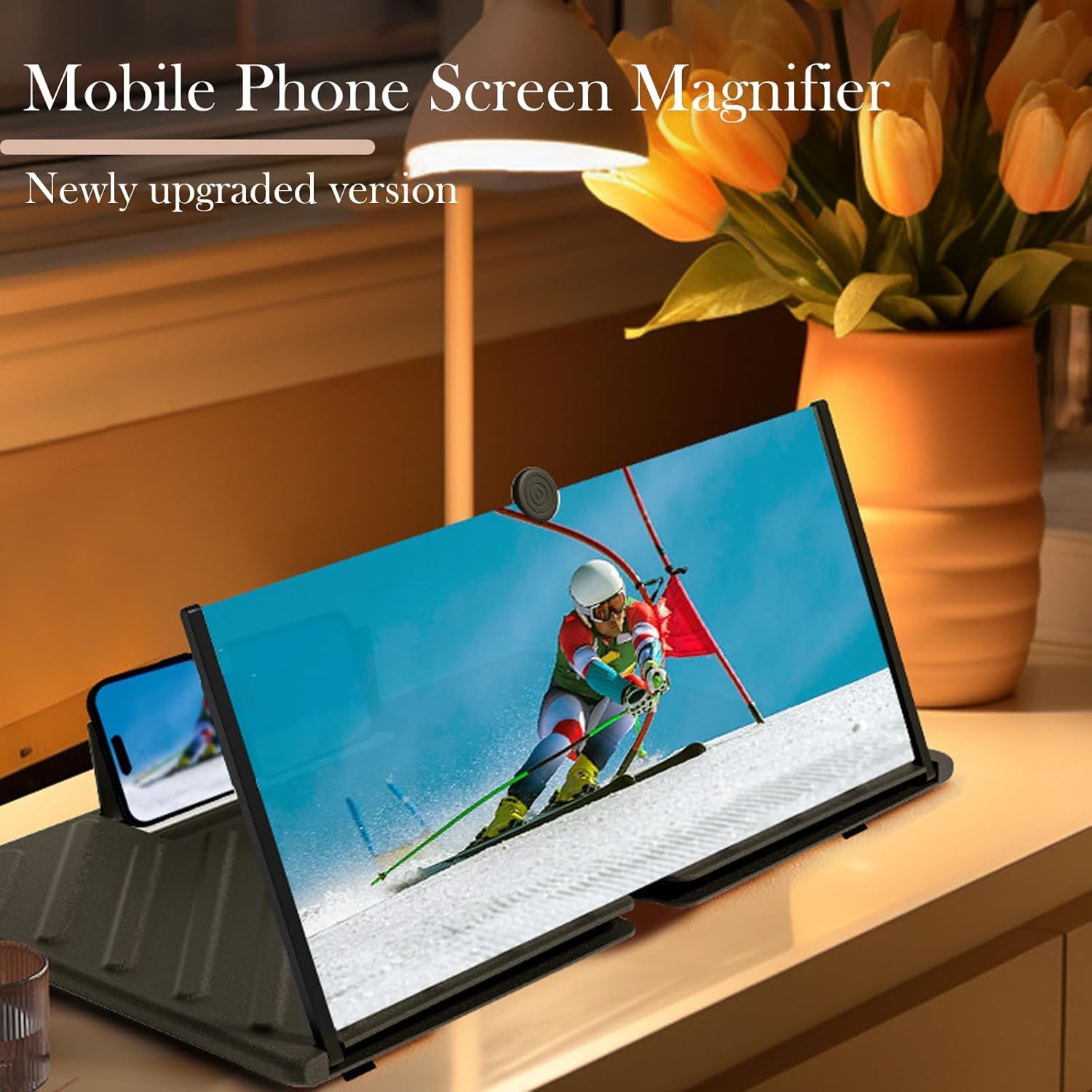 Screen Magnifier 2026 New Version for Cell Phone, Mobile Phone Magnifier Projector Screen, Pull-Out 3D HD Magnifying Projector 10"/14"/18" Foldable Stand for Smartphones (Black Horizontal, 16in)