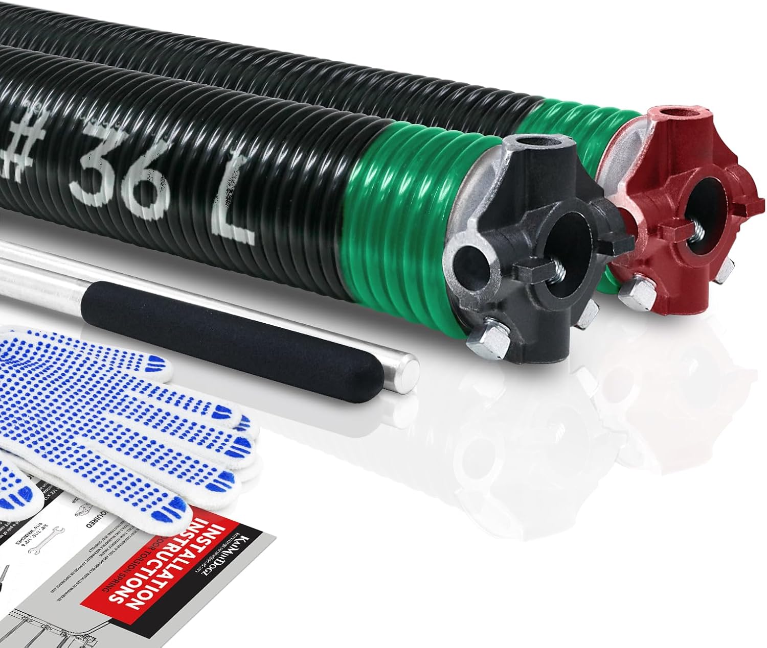 Pair of 2" Garage Door Torsion Springs Set with Non-Slip Winding Bar & Gloves,High Precision Electrophoresis Black Coated, for Replacement & Installation, MIN 16,000 Cycles (0.243x2''x36'') 0.243X2"X36"