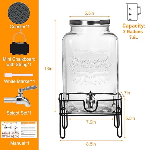 Miniatura 2 de Moretoes Dispensador de bebidas de vidrio para fiestas, dispensador de bebidas de 2 galones con soporte para jugo y té helado, dispensador de jarra