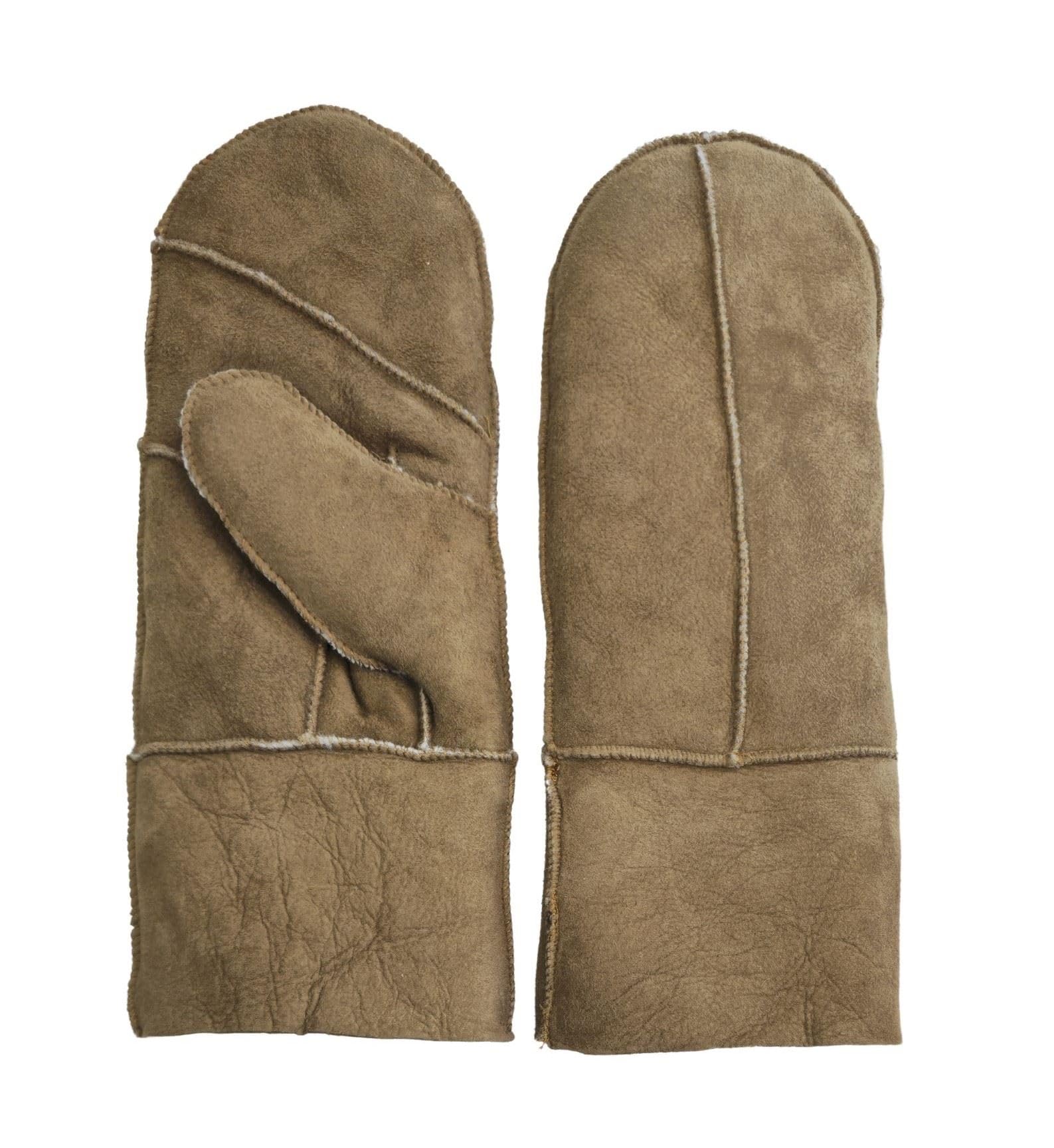 Truclothing Men's Tan Wo’s Genuine Sheepskin Mittens Premium Suede Leather Winter Gloves Shearling Wool Lining - M