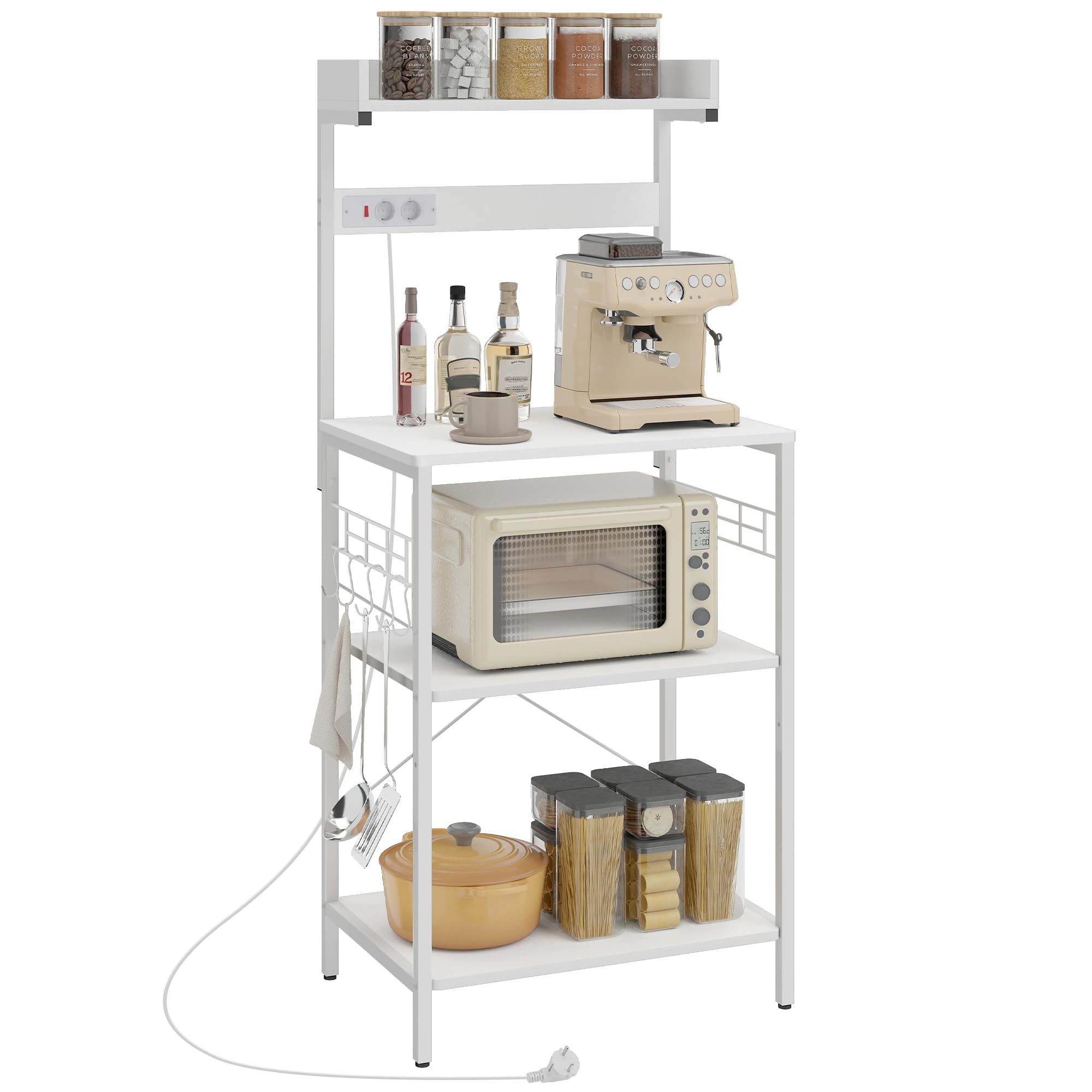 HOMCOM Scaffale da cucina con 2 prese elettriche, scaffale industriale da panetteria con postazione caffè, ripiano per microonde, ripiano regolabile, ganci, 60x42x137 cm, bianco