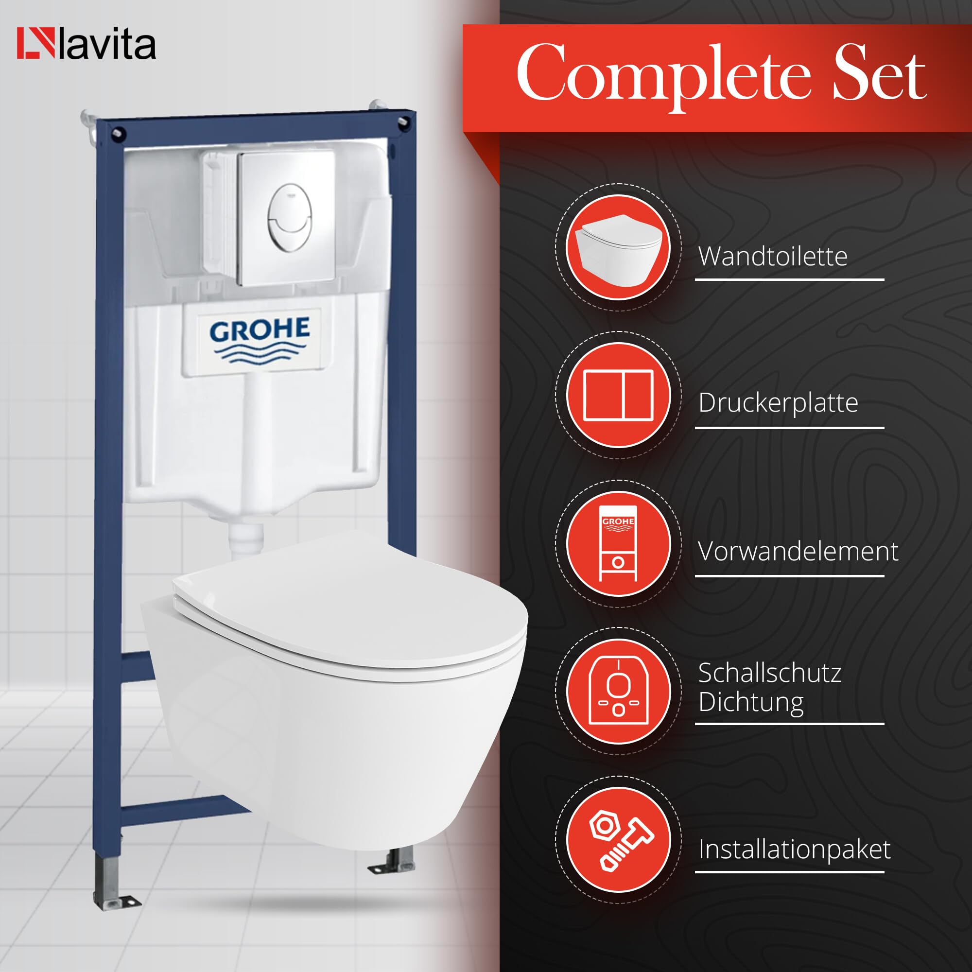 LAVITA Vorwandelement Solido Start + Wand Hänge WC Praia Weiß Spülrandlos + + WC Sitz mit Absenkautomatik Verchromter Knopf Komplettset Unterputz Spülkasten Toilette Komplett Sett WC