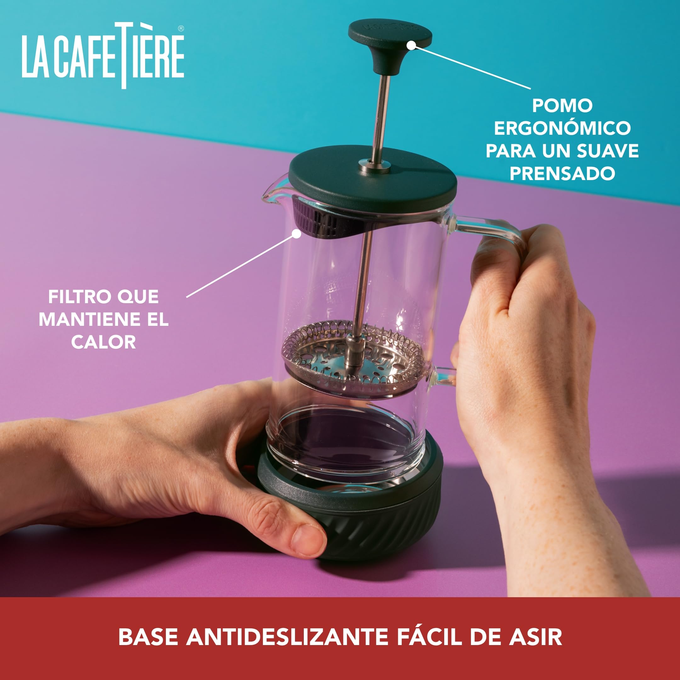 La Cafetière - Cafetera Zero con capacidad para 8 tazas y juego de tazas, prensa francesa resistente al calor, mango de vidrio y base de silicona extraíble, fácil de limpiar, color verde