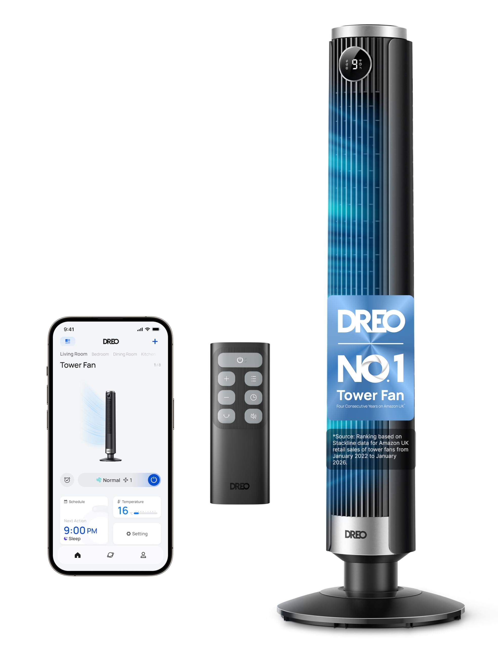 DREO Smart 40 45 Tower Fan for Bedroom Adjustable Height 28 ft/s Velocity DC