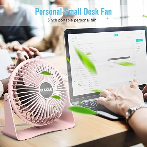 Miniatura 4 de BESKAR Ventilador de escritorio pequeño USB, ventiladores portátiles con 3 velocidades de flujo de aire fuerte, funcionamiento silencioso y rotación