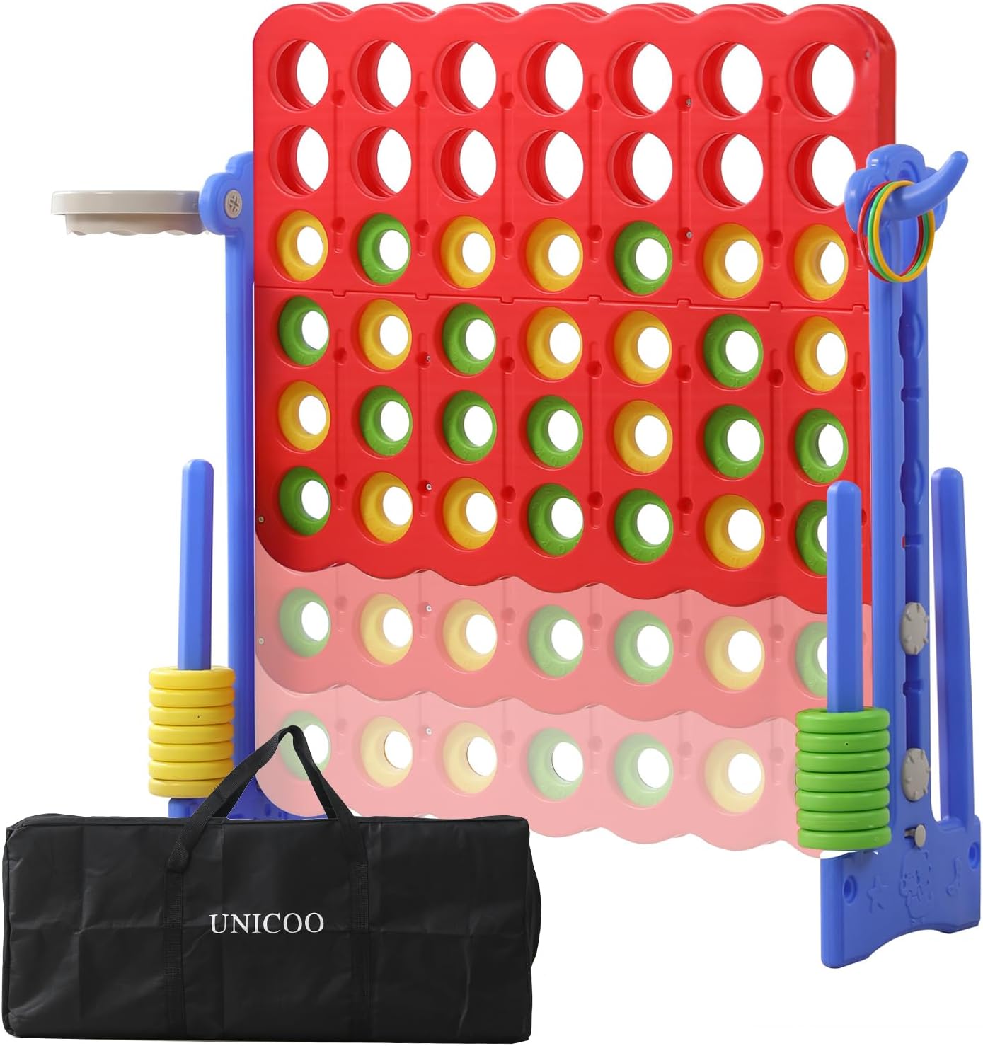 UNICOO Jumbo 4-in-a-Row Game Set, Height Adjustable Indoor Outdoor Yard Game with Basketball Hoop, Ring Toss & Carrying Bag, Family Party Lawn Game for Kids and Adults