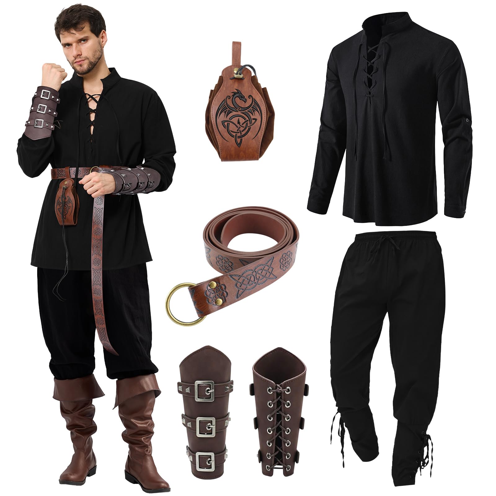 Ulikey Conjunto de Ropa Medieval para Hombre, Conjunto de Traje Renacentista con Camisa Pirata Medieval para Hombre, Pantalones Medieval, Cinturón, Muñequeras Accesorios