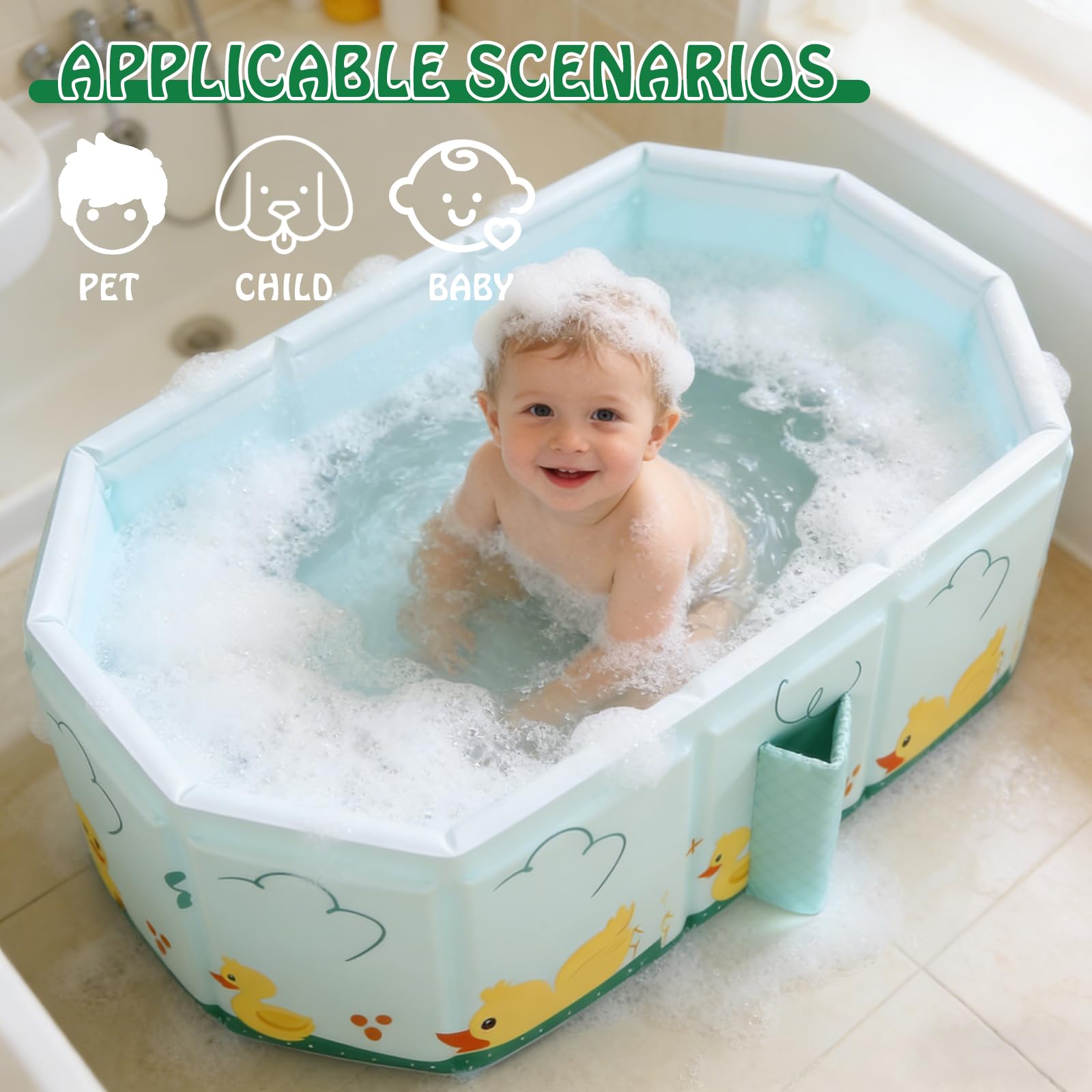 78 x 45 x 30 cm, vasca da bagno pieghevole per bambini: verde menta, grande vasca da bagno con 5 palline oceaniche e 4 anatre giocattolo da 0 a 8 anni, integrata