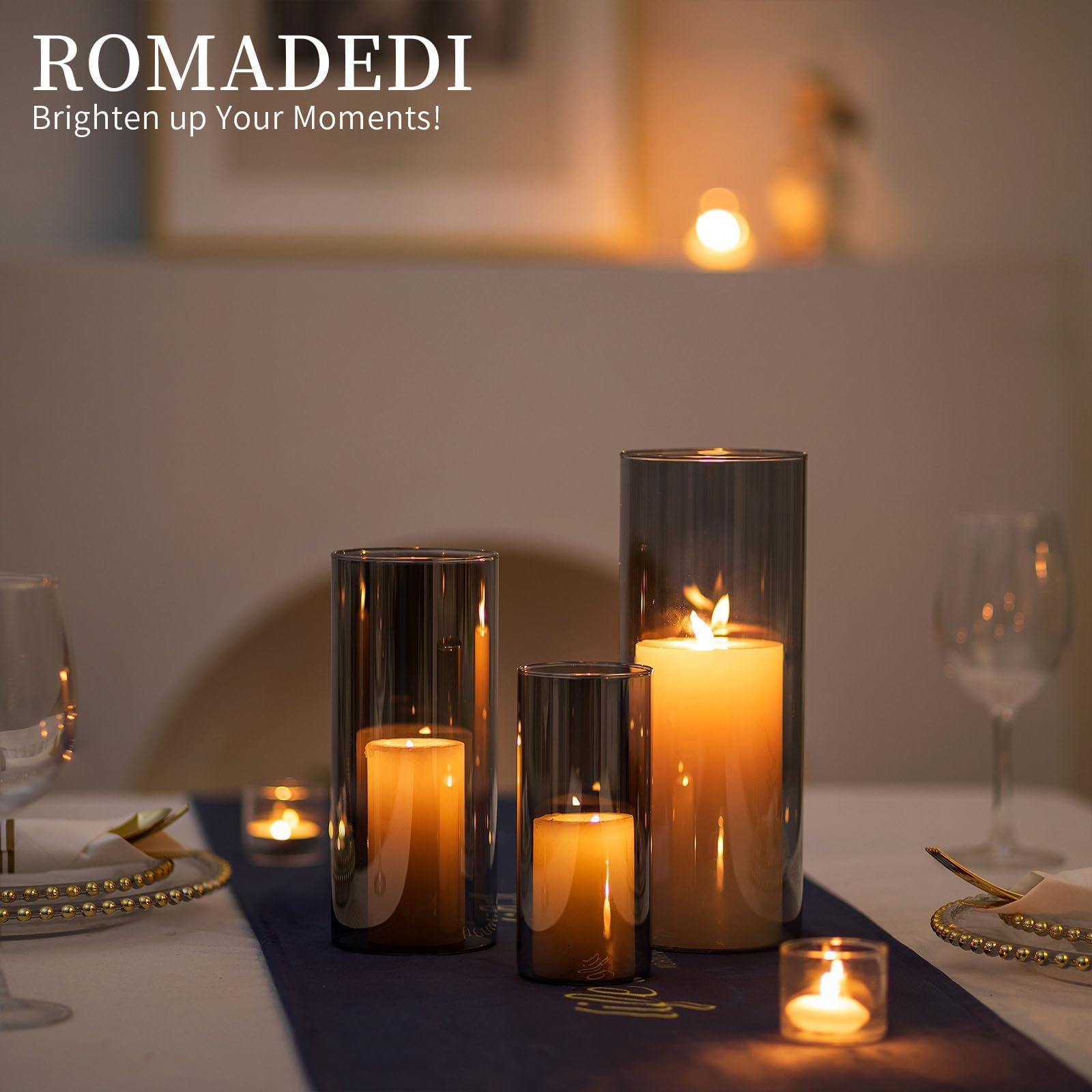 Romadedi Portavelas de cristal con cilindro de cristal: gris portavelas para velas de pilar, velas flotantes, jarrón de cristal, farolillos para salón, mesa de comedor, decoración del hogar
