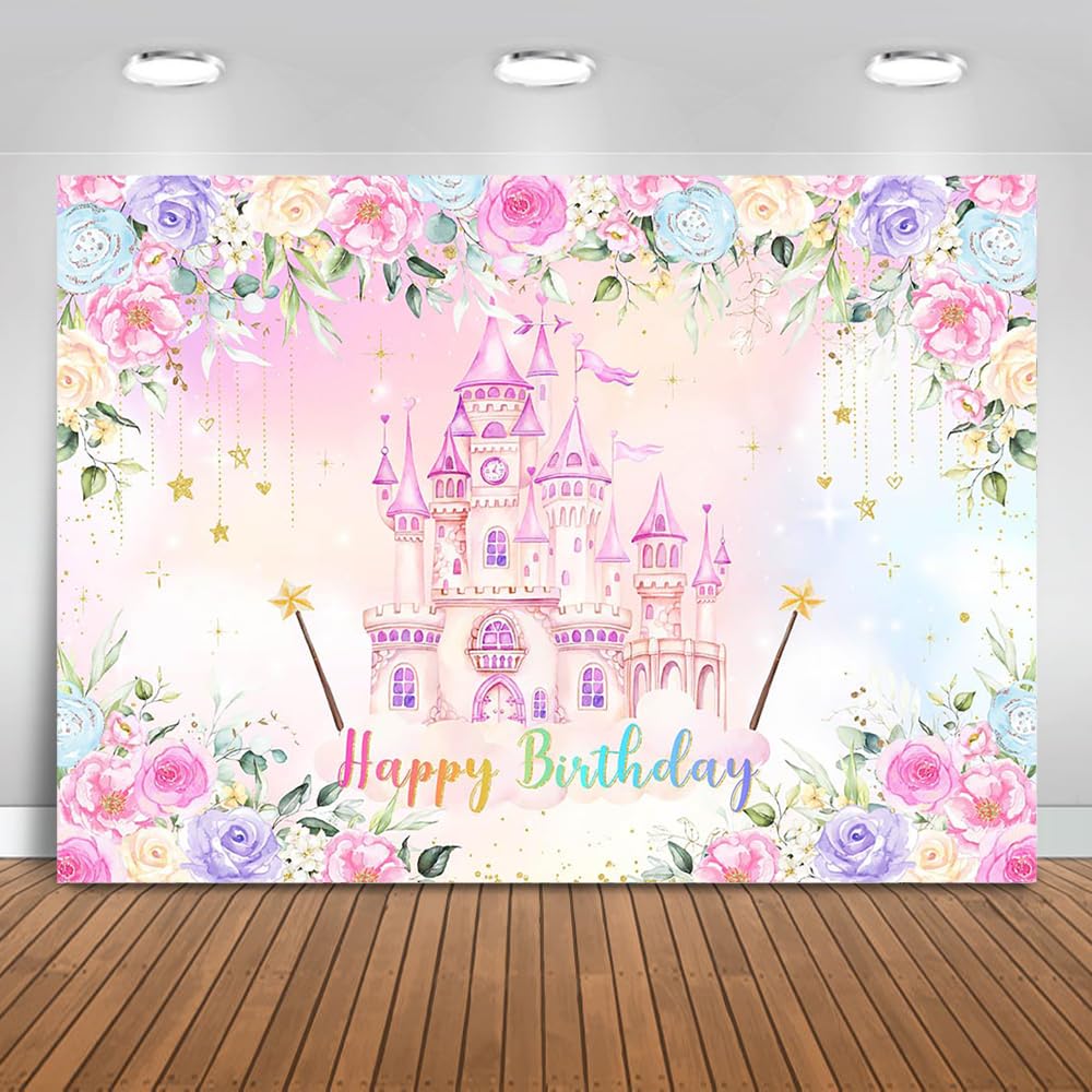 Mocsicka Princess Castle Birthday Backdrop - Colorful Watercolor Pastel Rainbow Birthday Background Floral Royal Girls Party Decorations Photo Booth