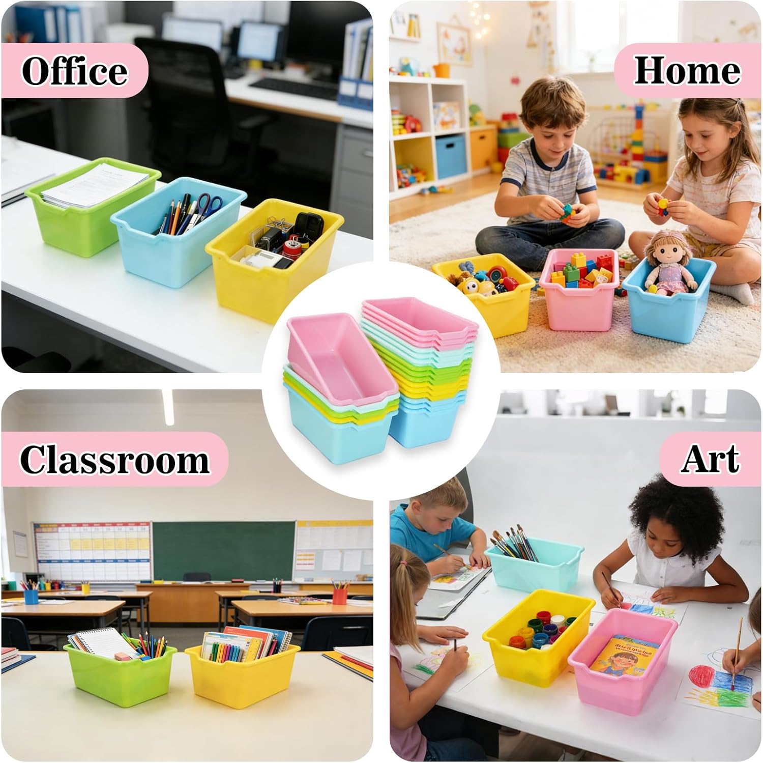 WCHOSOZH 20Pcs Plastic Cubby Bins Book Bins, Classroom Toy Storage Bins Basket with Label Stickers, Stackable Storage Tub Containers for Library Office Home Nursery Playroom Organization