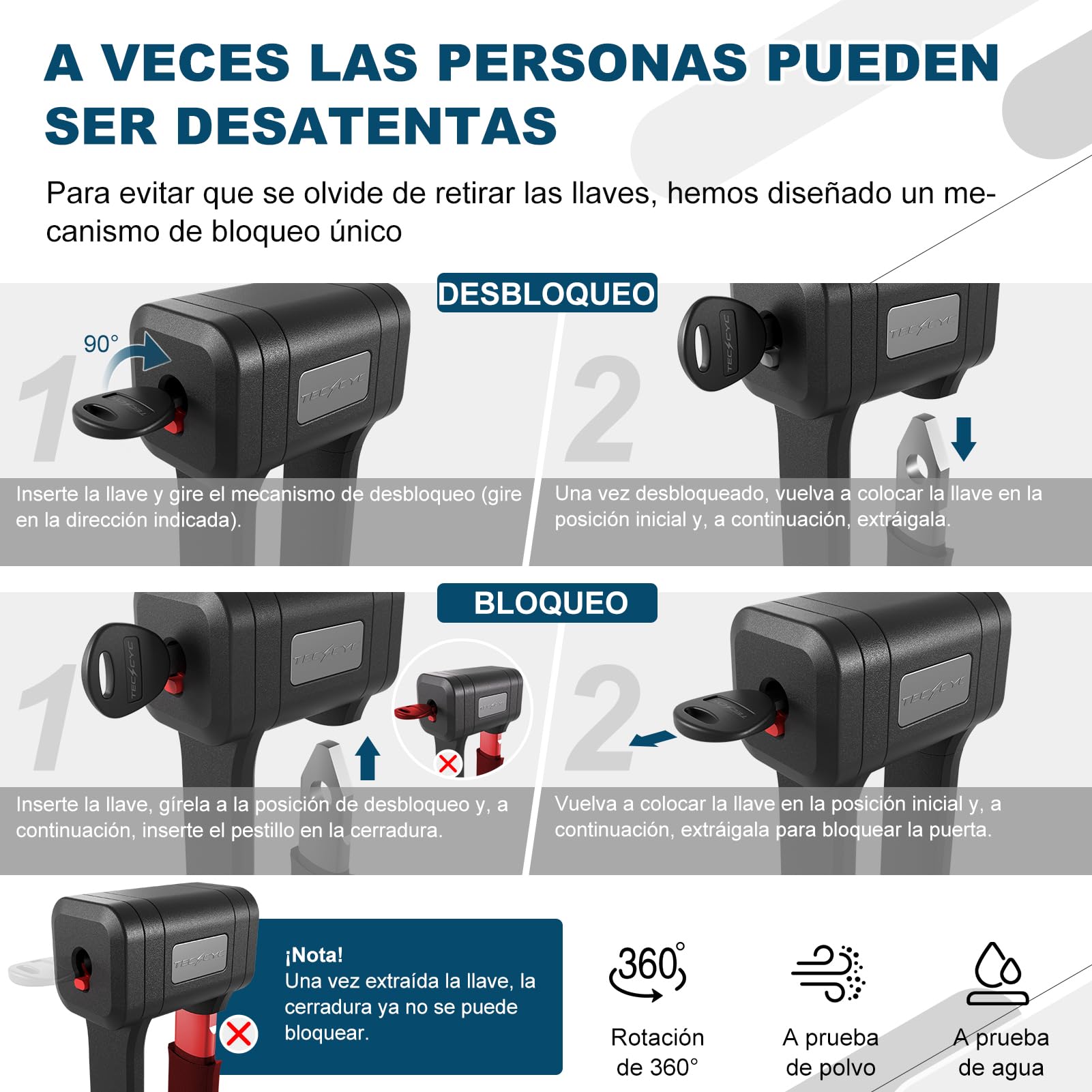 TECHCYC Candado para bicicleta de alta calidad, 120 cm, con soporte de cerradura, candado para bicicleta con resistencia a la corrosión y a la perforación, cilindro para alta protección contra