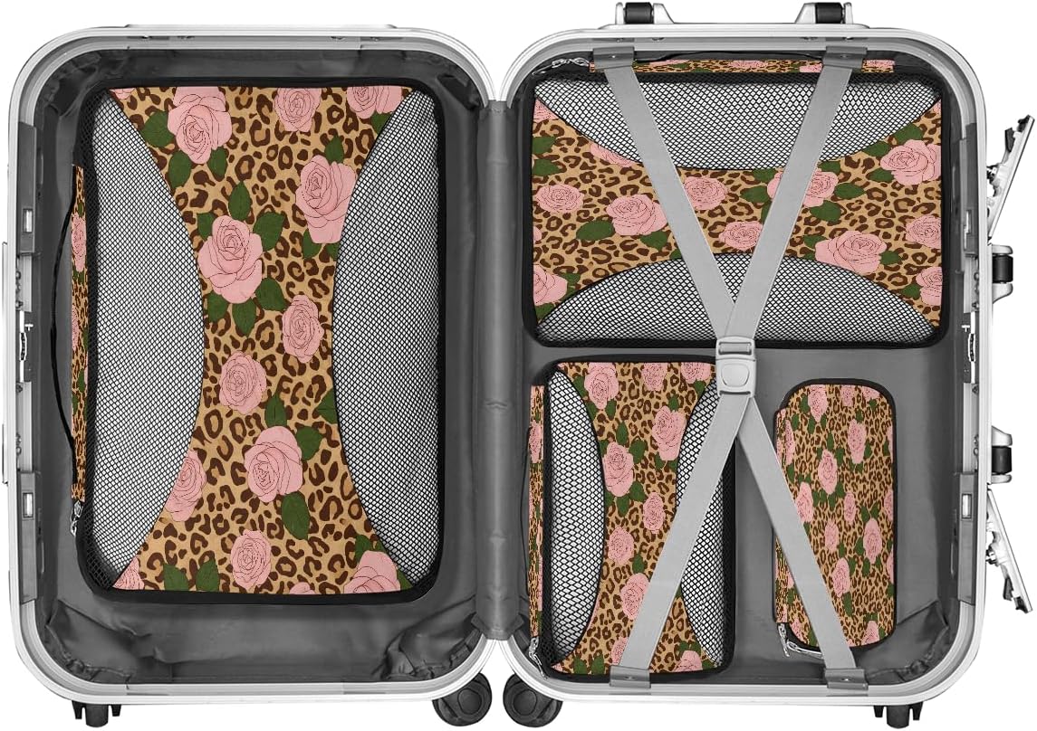 Animal Tiger Leopard Print Rose Flower Packing Cubes 4 Pack Travel Packing Bags Individual Carry on Suitcases Underwear Luggage Mesh Organizer Packing Cubes Set for Travel Bag Backpack