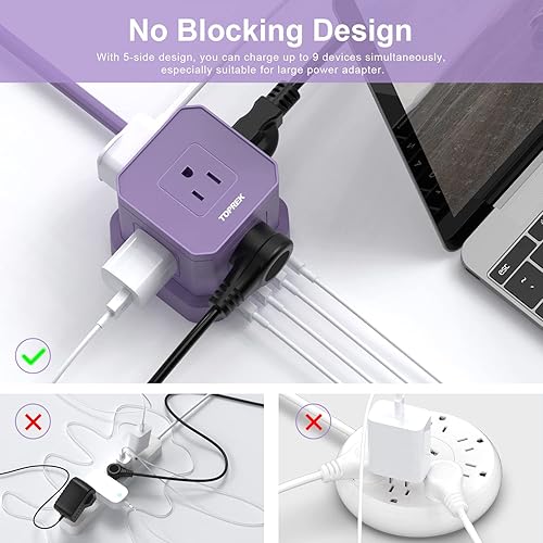 Miniatura 5 de TOPREK - Regleta de alimentación con USB, cable de extensión de 10 pies con enchufe plano, 5 salidas de CA 4 USB, estación de carga de escritorio