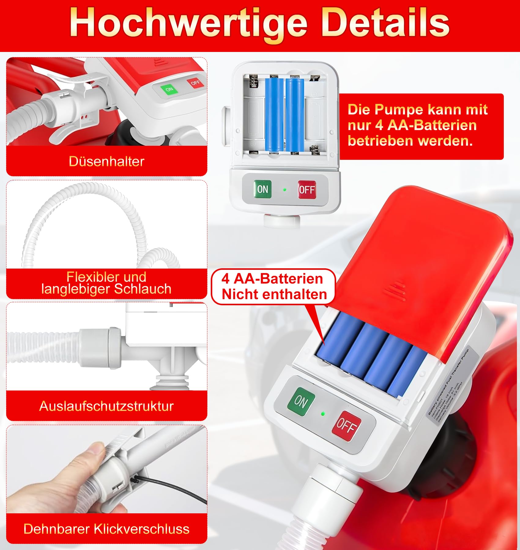 Kraftstoffpumpe mit Auto-Stopp-Sensor, 3.2GPM(12L/min) Dieselpumpe & Benzinpumpe für Kanister, Öl und Wasser – Mit flexiblem Schlauch für Traktor, Generator, Rasenmäher mit 3 Adaptergrößen (12L/min)