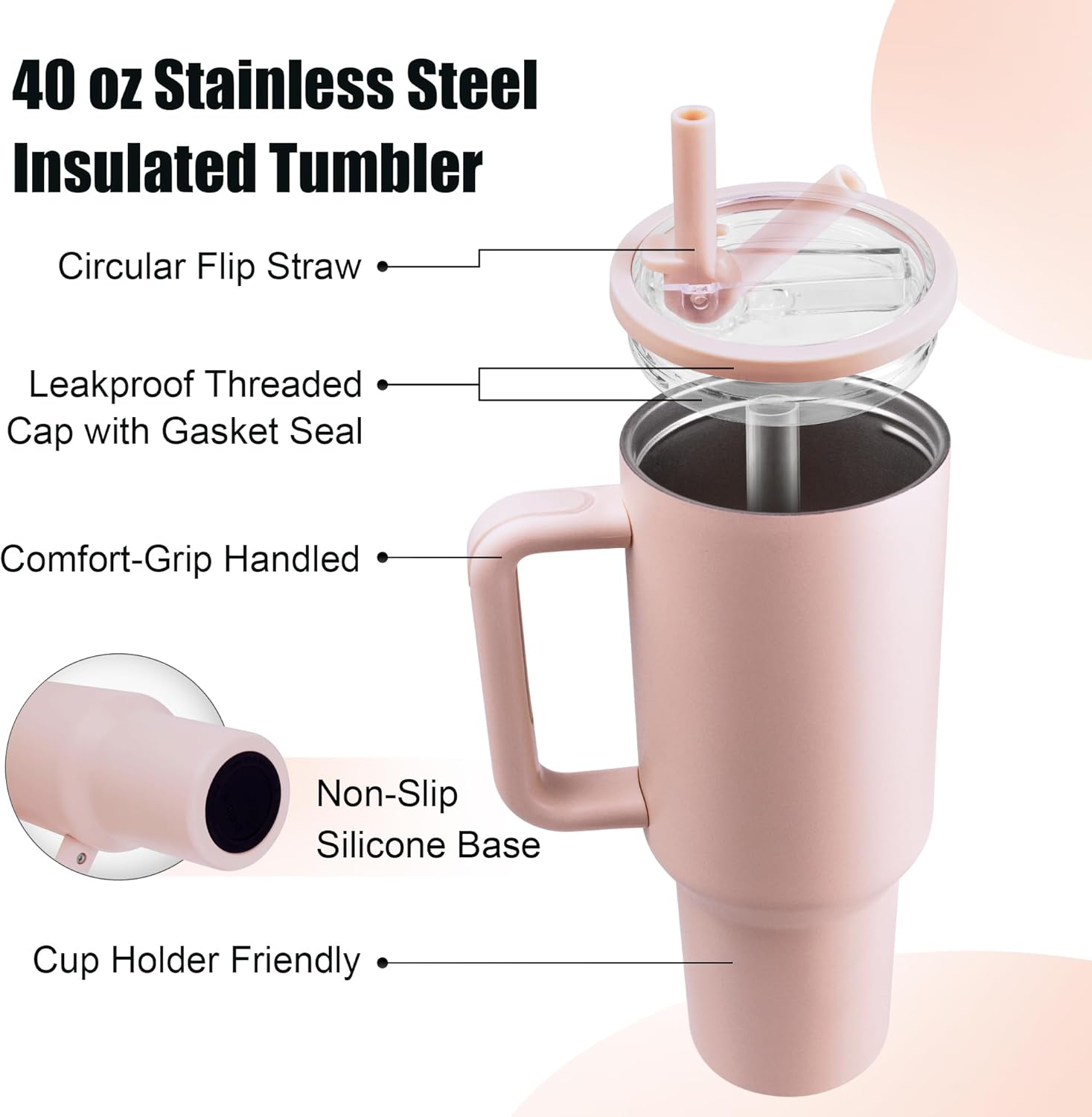 40 oz Insulated Tumbler with Handle and Straw, 100% Leakproof Stainless Steel Water Bottle Travel Mug, Valentine's Day Tumbler, Gifts for Men & Women,Cup Holder Friendly,BPA-Free (Peach pink) - Image 2