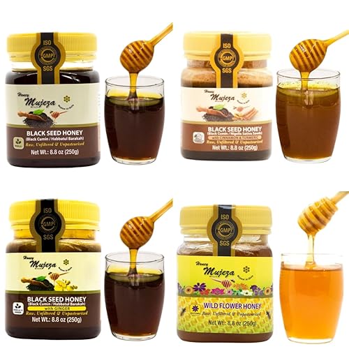 Miniatura 1 de Paquete de 4 Miel Crudo Mujeza (1 Miel de Semilla Negra + 1 Miel de Jengibre + 1 Miel de Flores Silvestres + 1 Canela y Cúrcuma) Sin Calentar - Sin