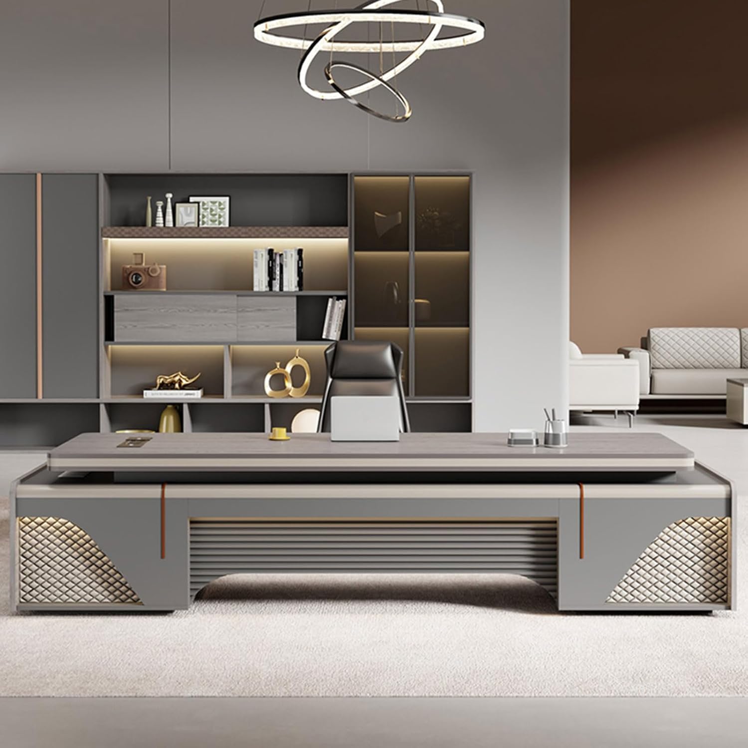 78 inch Modern L Shaped Executive Office Desk with 4 Drawers and Storage Cabinet, Luxury Large Home Office Desk with USB Ports Writing Study Table Business Furniture for Home Office Grey