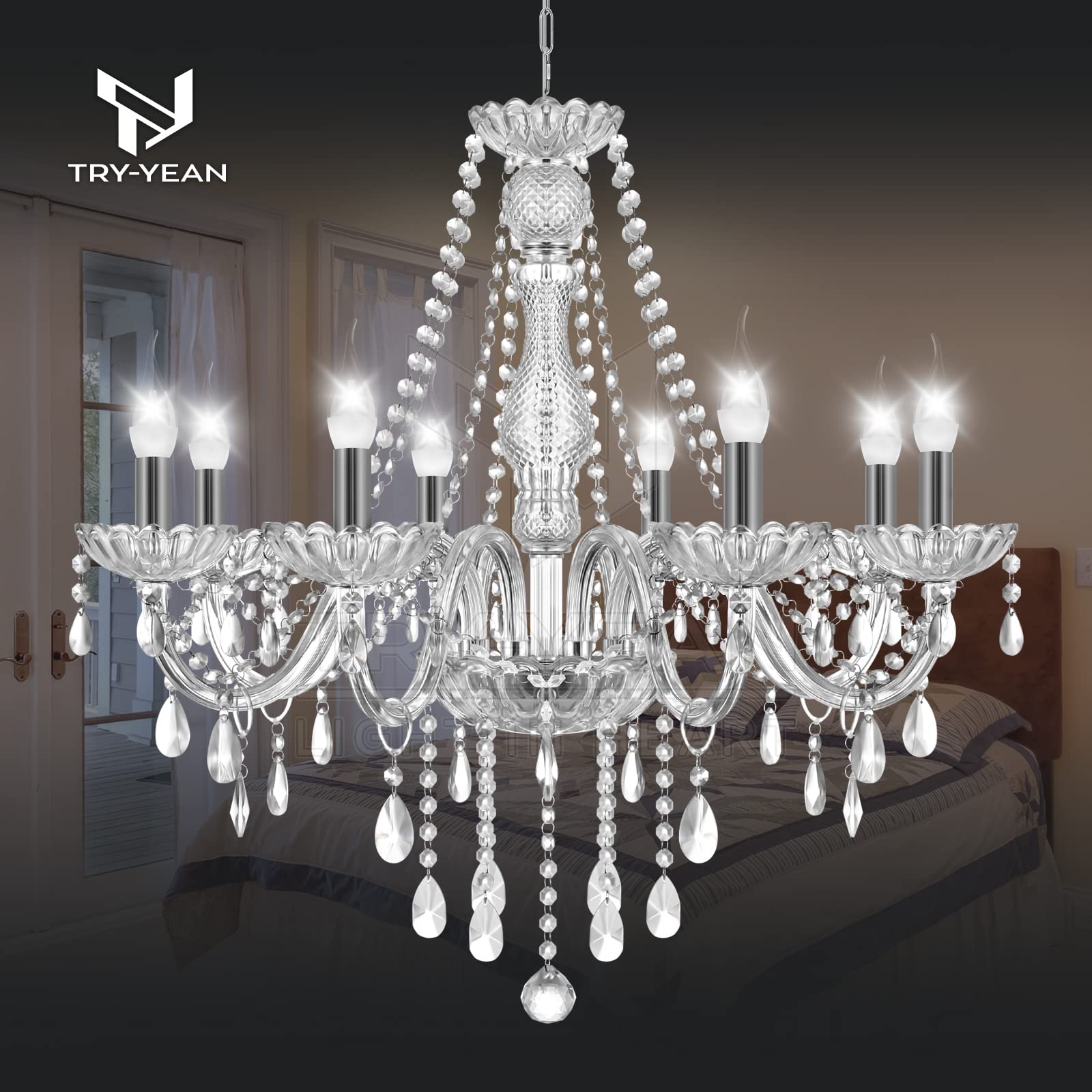 Lussuoso Lampadario a 8 Bracci Lampadario in K5 Cristallo Trasparente Lampada a Sospensione E14 con Catena Regolabile Stile Candela per Camera da Letto, Soggiorno, Sala da Pranzo, Corridoio