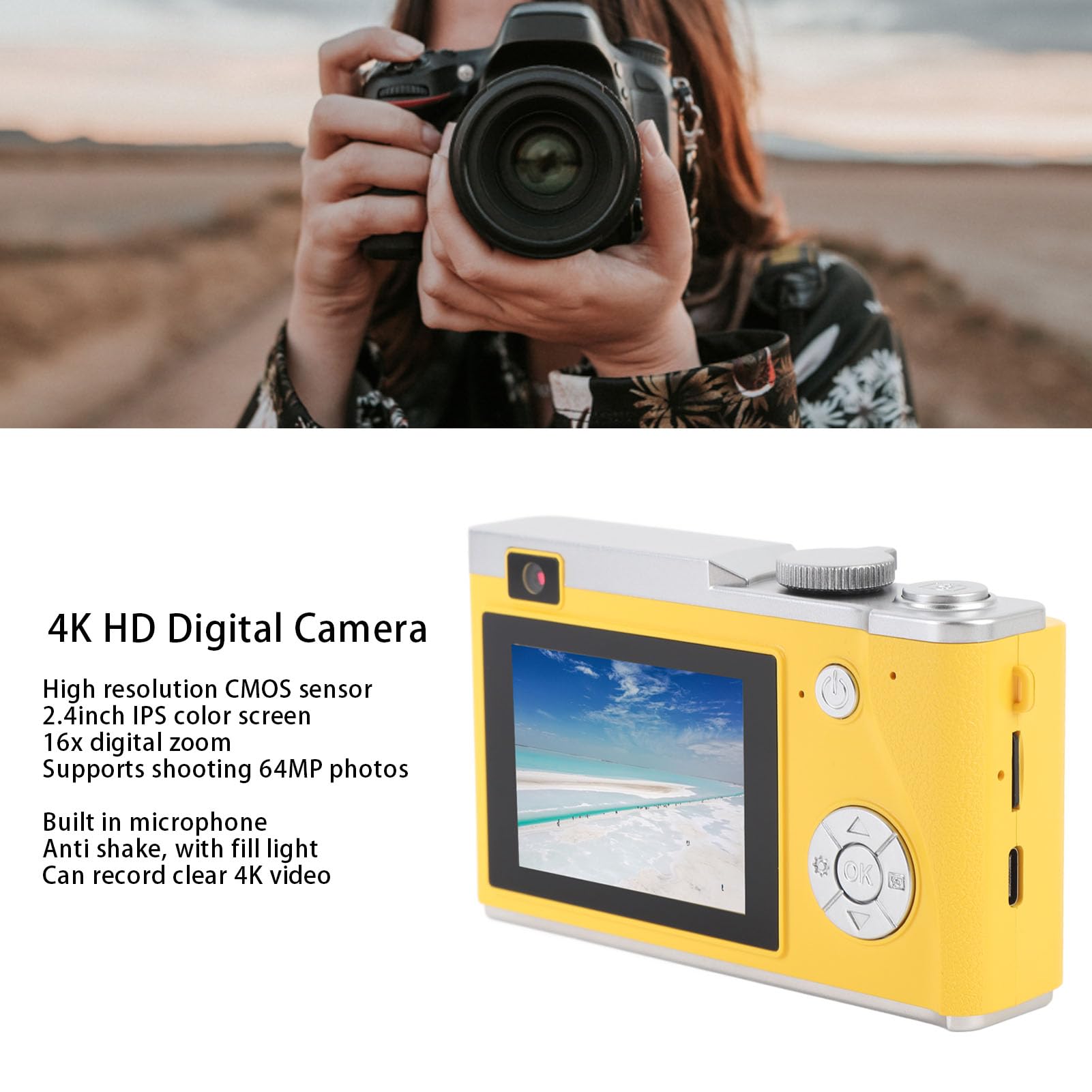 Aparat Cyfrowy 4K do Fotografii, 16 -krotny Zoom 64MP Cyfrowy Punkt i Kamera Strzelania, 2,4 -calowy Ekran IPS Anti Shake CCD z lampką wypełniającą, dla Dzieci dla Dzieci Dorosłe