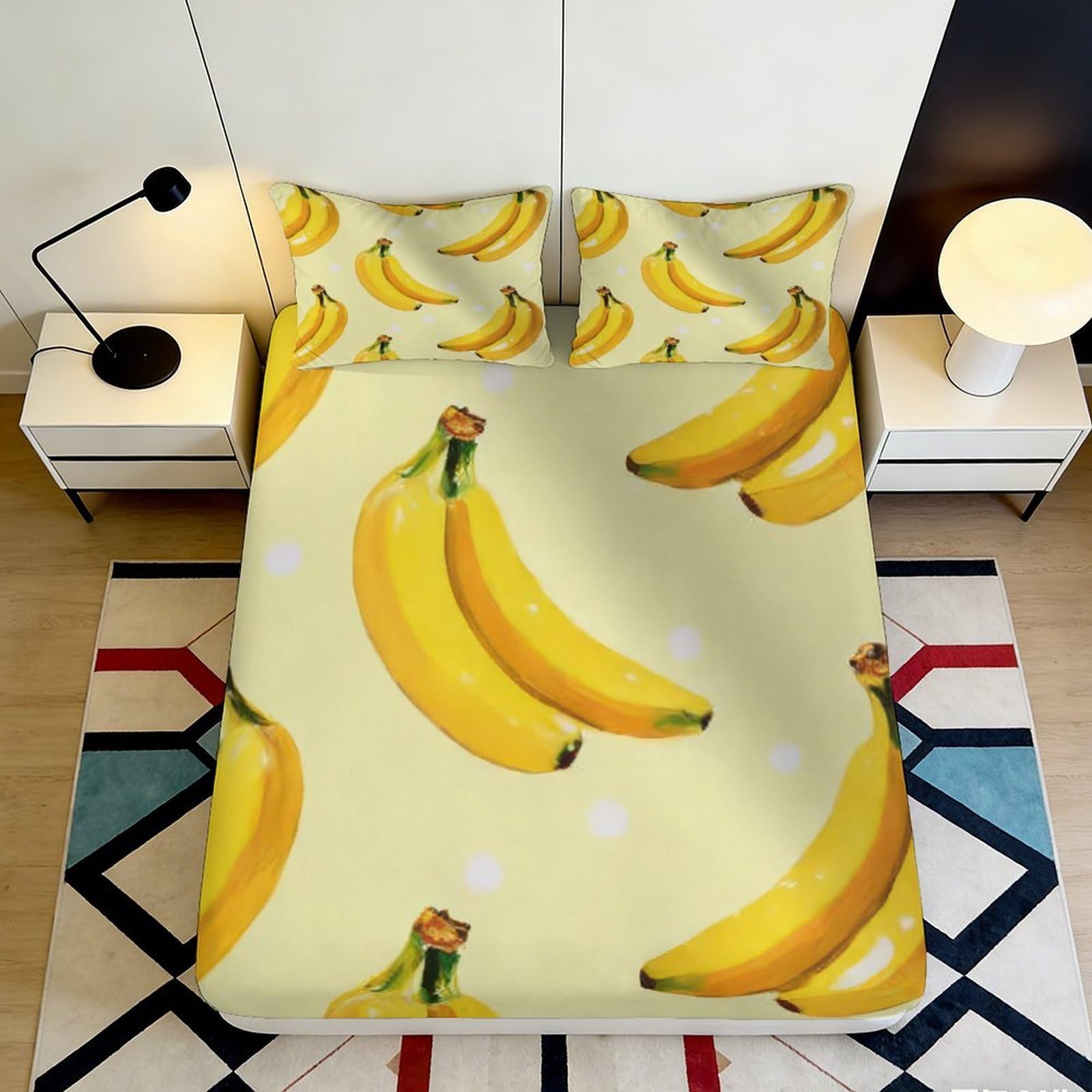3D Printed Banana Pattern Fitted Sheet Microfiber Deep Pocket Non-Slip Banana Mattress Fitted Cover for Bedroom 90x200x25cm