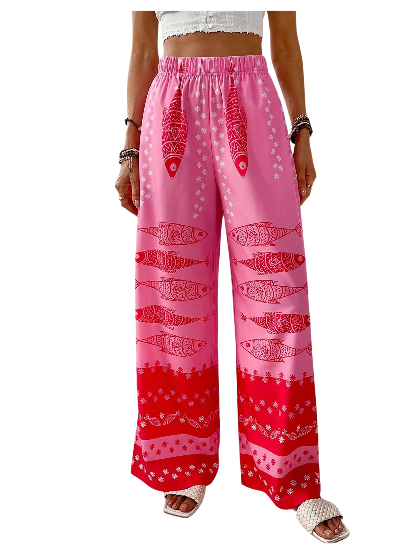 GORGLITTER Womens Wide Leg Palazzo Pants Baggy Boho Pants Fish Floral Graphic High Waist Casual Summer Beach Trousers
