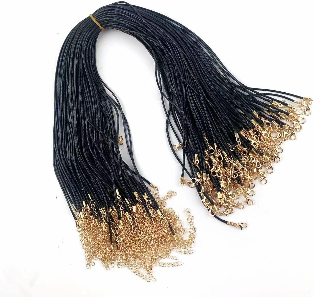 100PC Waxed Cotton Necklace Cords with Lobster Clasps, 19.7" Long, 1.5mm Necklace Chains for DIY Jewelry, Pendants, and Craft Projects,Black Cord Gold Clasps