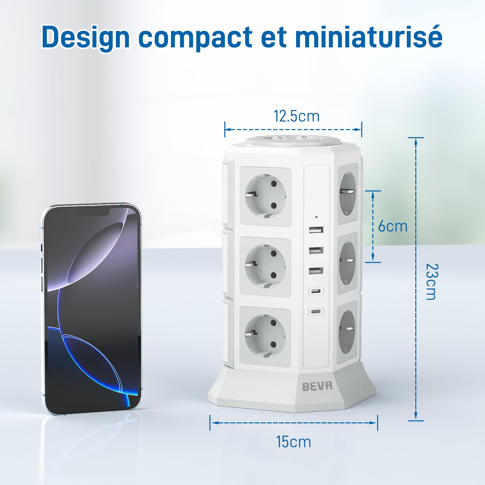 BEVA 12 Prises Tour Multiprise Parafoudre avec Câble 2M,Blanche | 2500W/10A Multiprise Electrique avec 2 Interrupteur et 2 USB-C (15W)+3 USB-A,Multiprise Parafoudre et Surtension