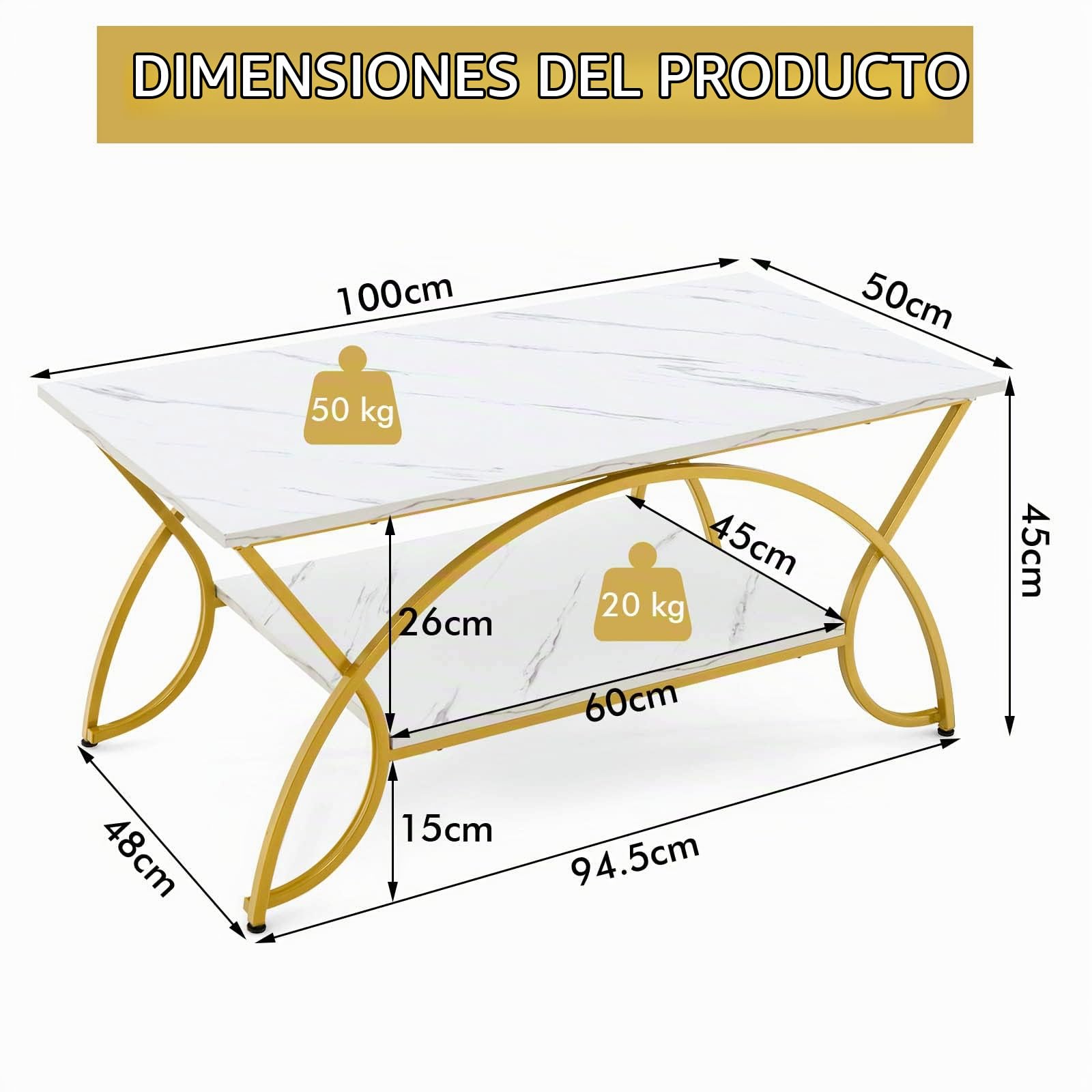 LIFEZEAL Mesa de Centro de 2 Niveles Moderna de imitación de mármol, Estructura de Metal Dorado Estable para Almacenamiento, para Dormitorio, Sala de Estar, balcón (Blanco+Oro)