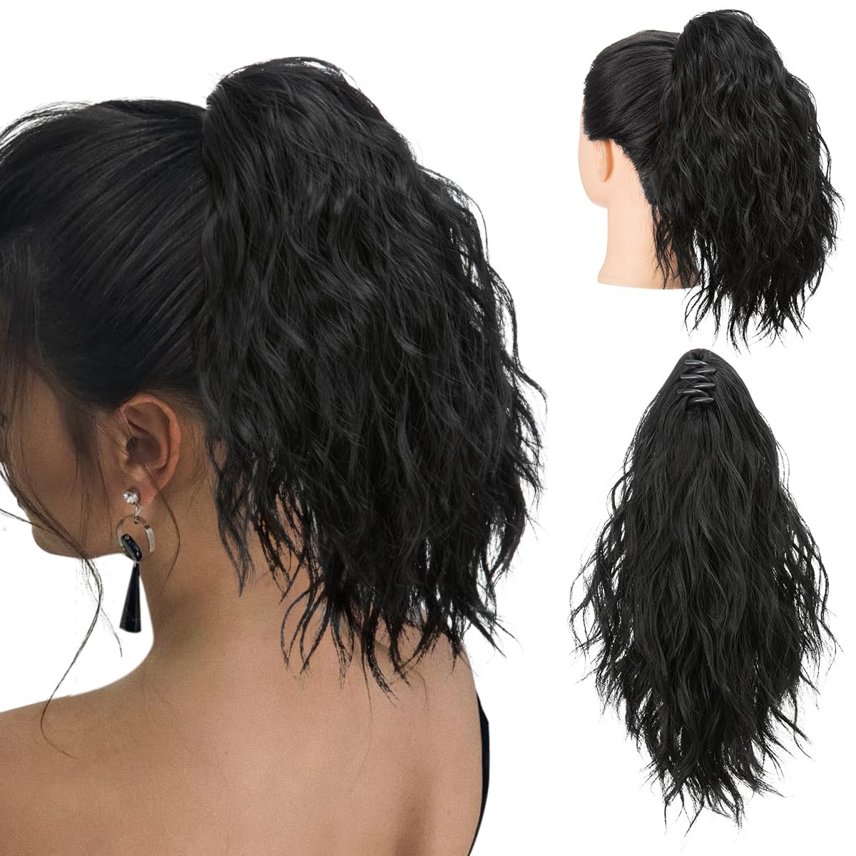 SARLA Claw Clip in Short Ponytail Extension 13 Inch Fluffy Synthetic Curly Wavy Pony Tail Hairpiece for Women Jet Black
