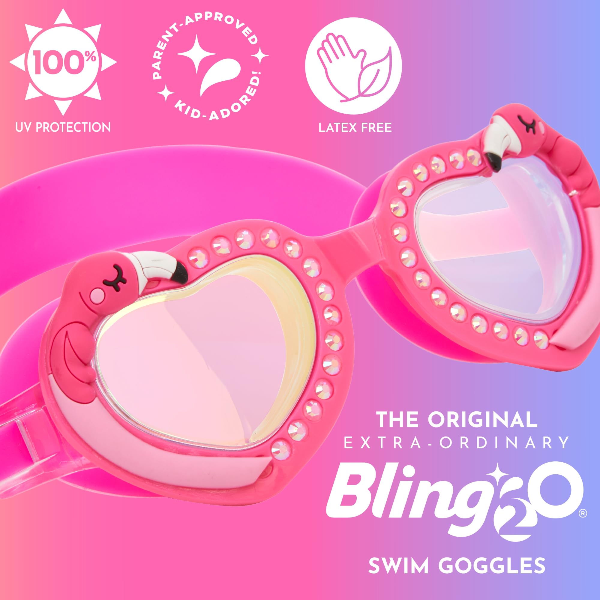 Bling2o Dziewczęce gogle pływackie z różowym flamingiem z ochroną przed promieniowaniem UV (18 miesięcy) - bez lateksu, 100% materiał silikonowy, w zestawie ochrona przed zaparowaniem i