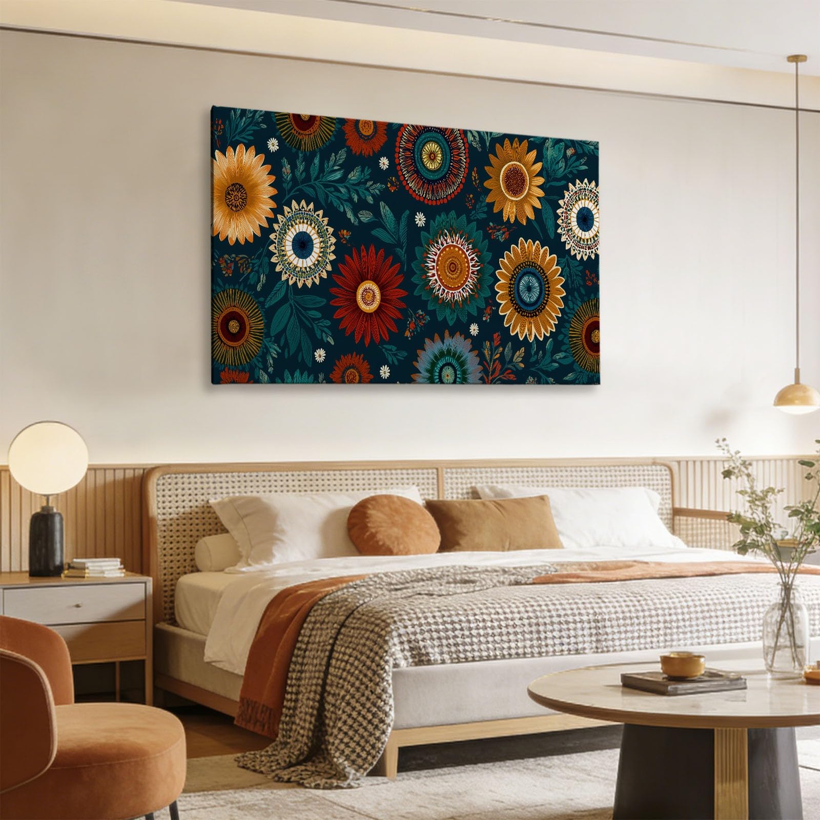 Boho Geometrisch Blumen Gänseblümchen Modernes Leinwandbild 120L x 60B cm mit Rahmen, Vintage XXL Wanddeko für Wohnzimmer Geschenk Idee Einzug - Hochwertiger Kunstdruck auf Holzrahmen