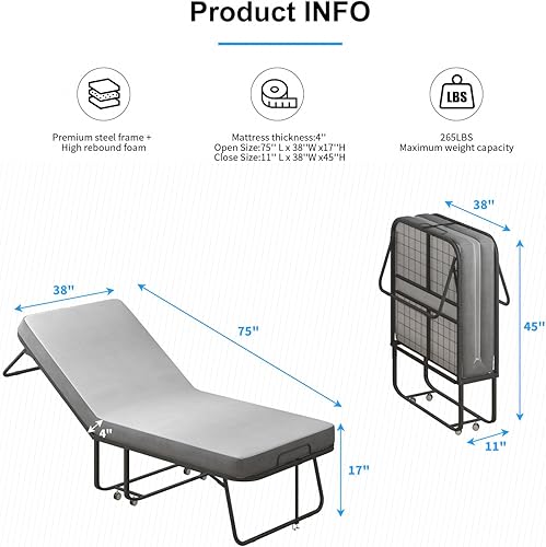 Miniatura 2 de Cama plegable con colchón de 4 pulgadas incluido, cama temporal para invitados y familias, cama plegable que ahorra espacio con rodillos con