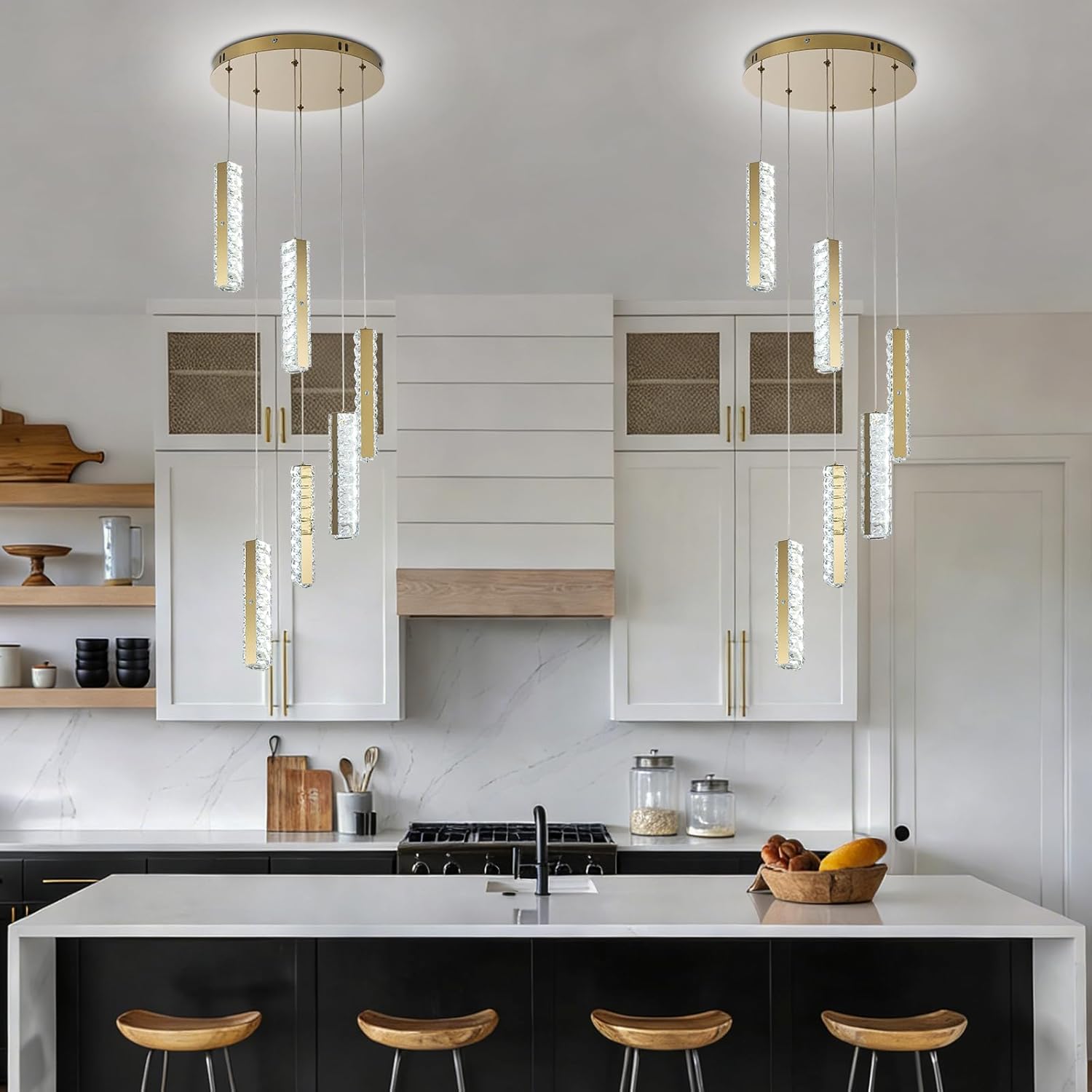 6 Light Crystal Bubble Chandelier, Remote Dimmable LED Pendant, 3000K-6000K, 50W, 85-265V, Ø350mm Ceiling Plate, Modern Raindrop Light for Dining Room Kitchen Island Hallway