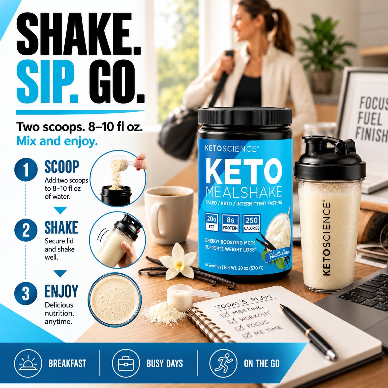 Keto Science Ketogenic Meal Shake Vanilla Dietary Supplement, Keto Protein, Rich in MCTs and Protein, Packed with Collagen, Vitamins and Minerals, Keto and Paleo Friendly, Weight Loss, (14 servings), 20.83Oz — Amazon image 4