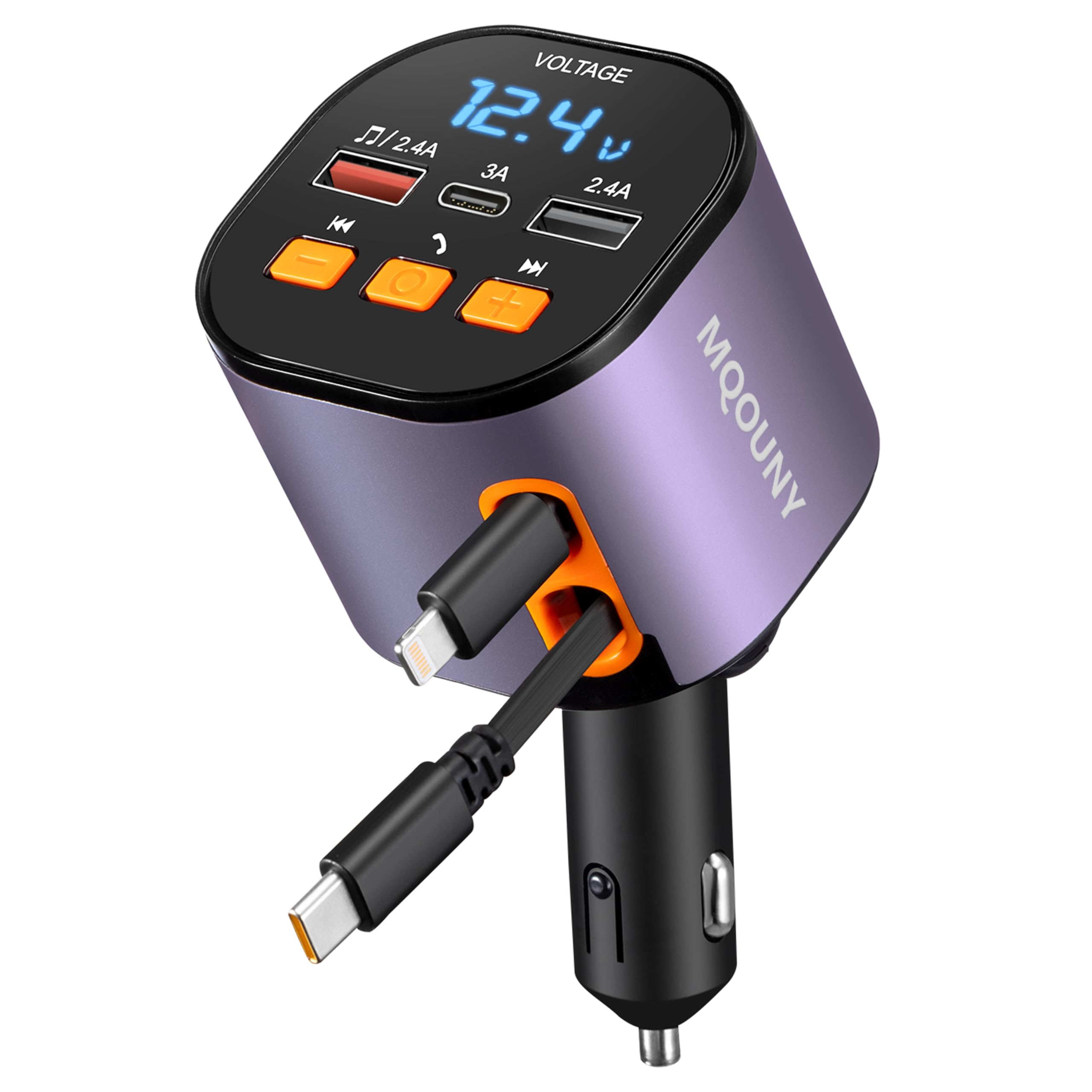 90W 5-in-1 Retractable Car Charger & Bluetooth 5.3 FM Transmitter with Handsfree Calling