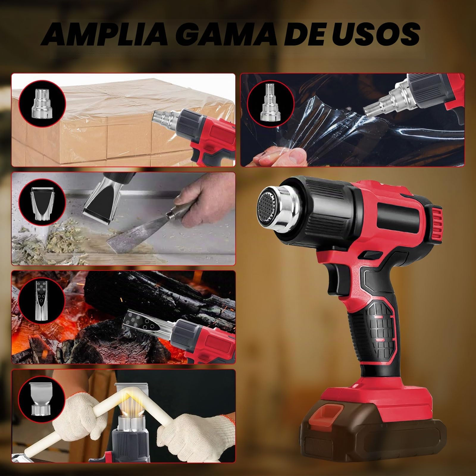 Pistola de calor inalámbrica para batería Milwaukee de 18 V con 5 accesorios de boquilla, pistola de calor de 400 W y 500 °C para manualidades, tubos termorretráctiles, resina y decoración