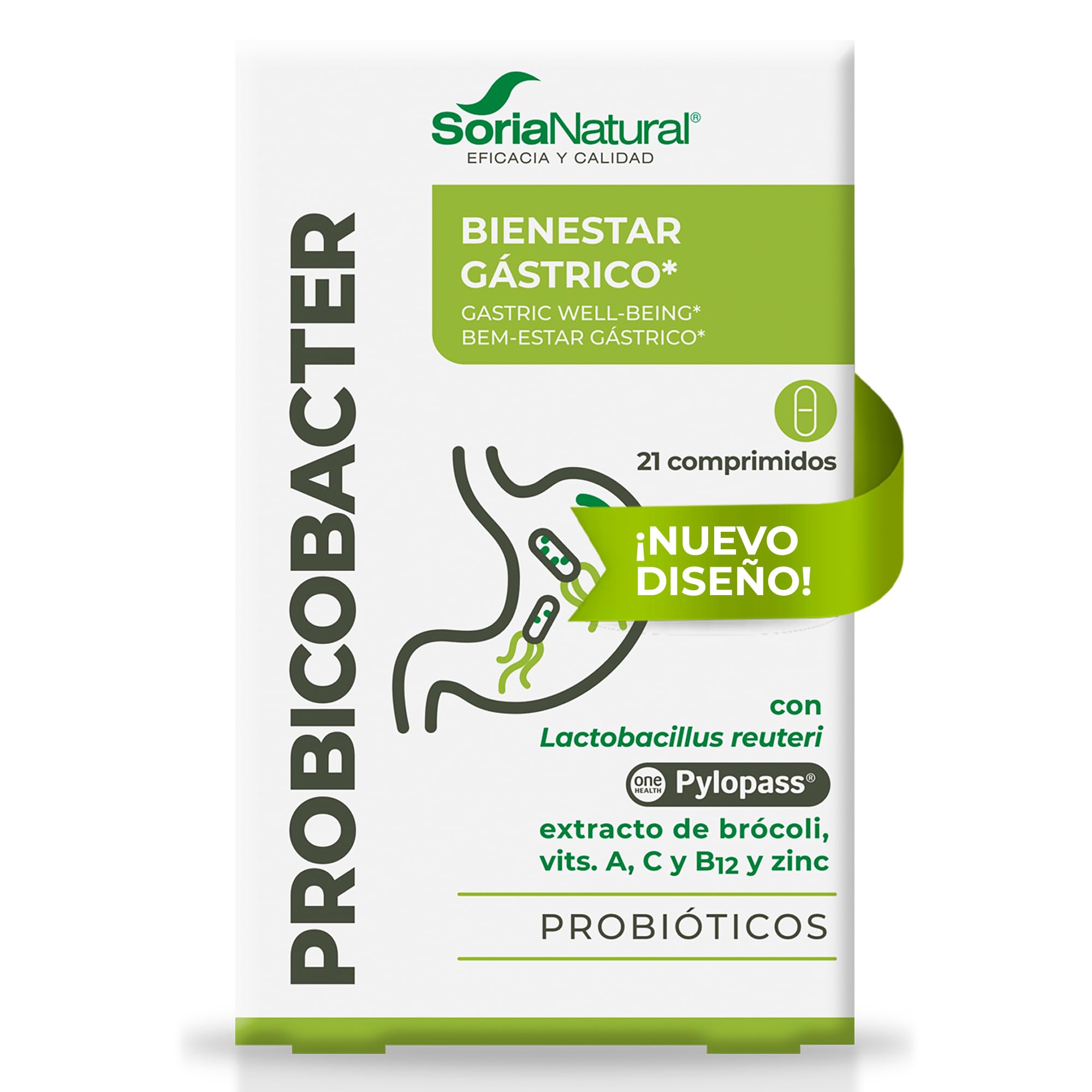 Soria Natural Probicobacter - con Lactobacillus reuteri PylopassTM, extracto de bróxoli y vitaminas A, C y B12 – Ayuda a la Eliminación de la Helicobacter Pylori - Caja con 21 comprimidos de 750 mg